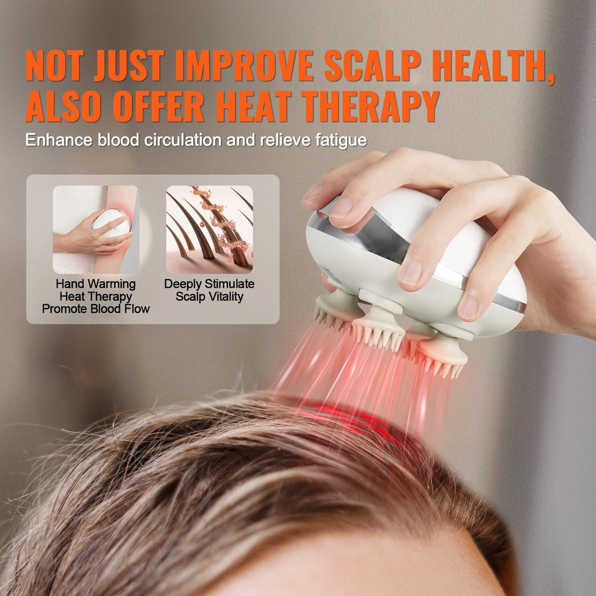 Heated scalp massager with white grip, gray top, and silicone kneading brush nodes