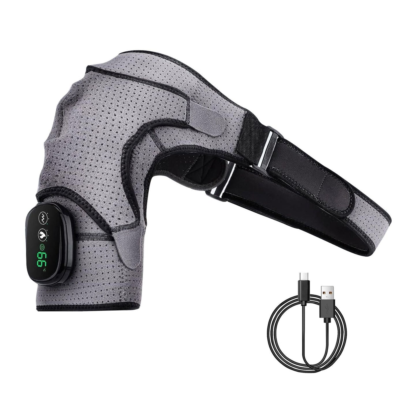 Grey heated shoulder wrap massager, angled view with controller and Type-C charging cable