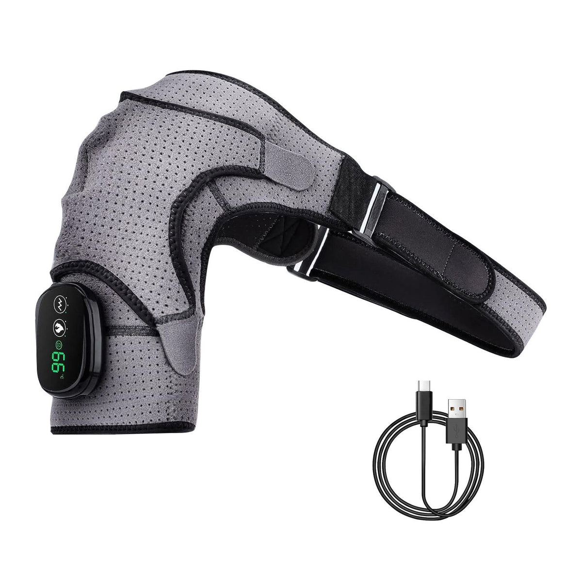 Grey heated shoulder wrap massager, angled view with controller and Type-C charging cable