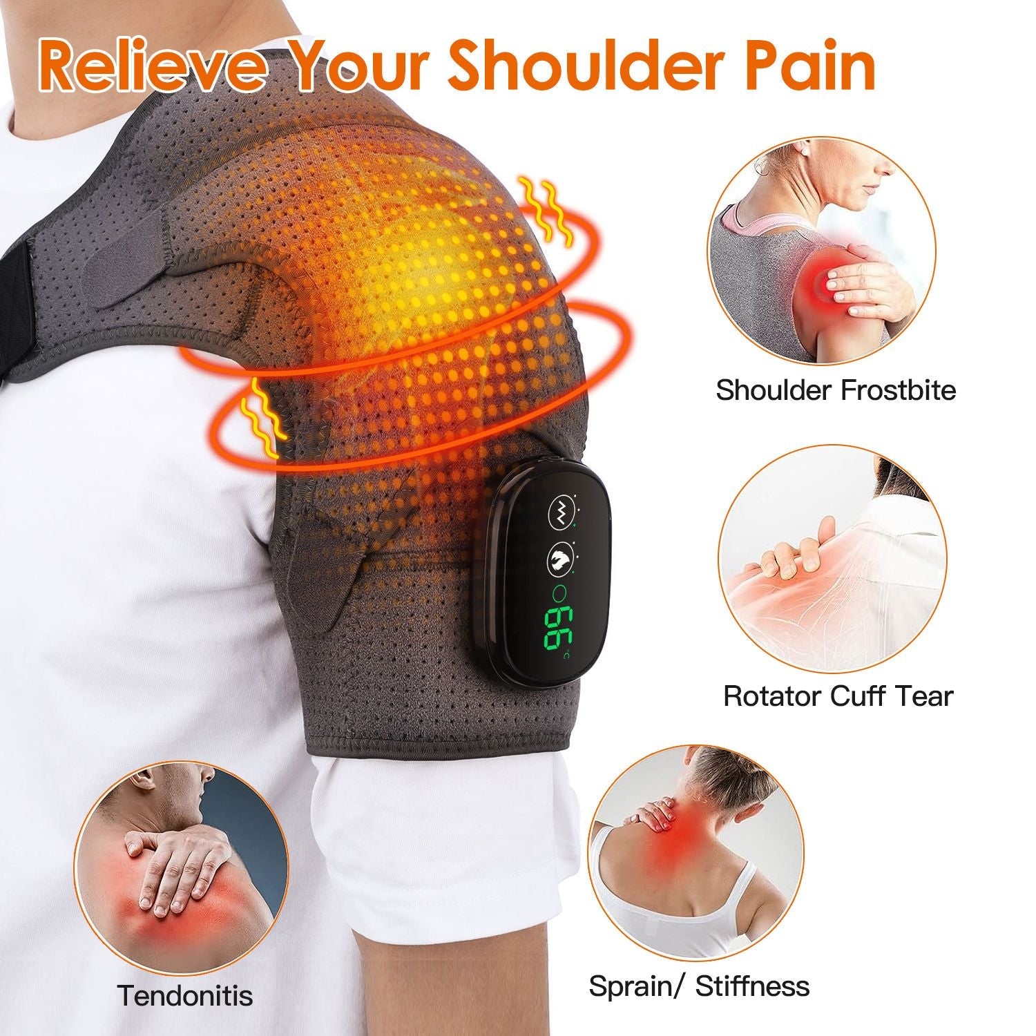 Grey heated shoulder wrap massager with controller and visible heat/vibration indicators