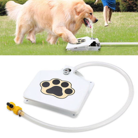 White step-on pet water fountain with paw icon, with a dog drinking