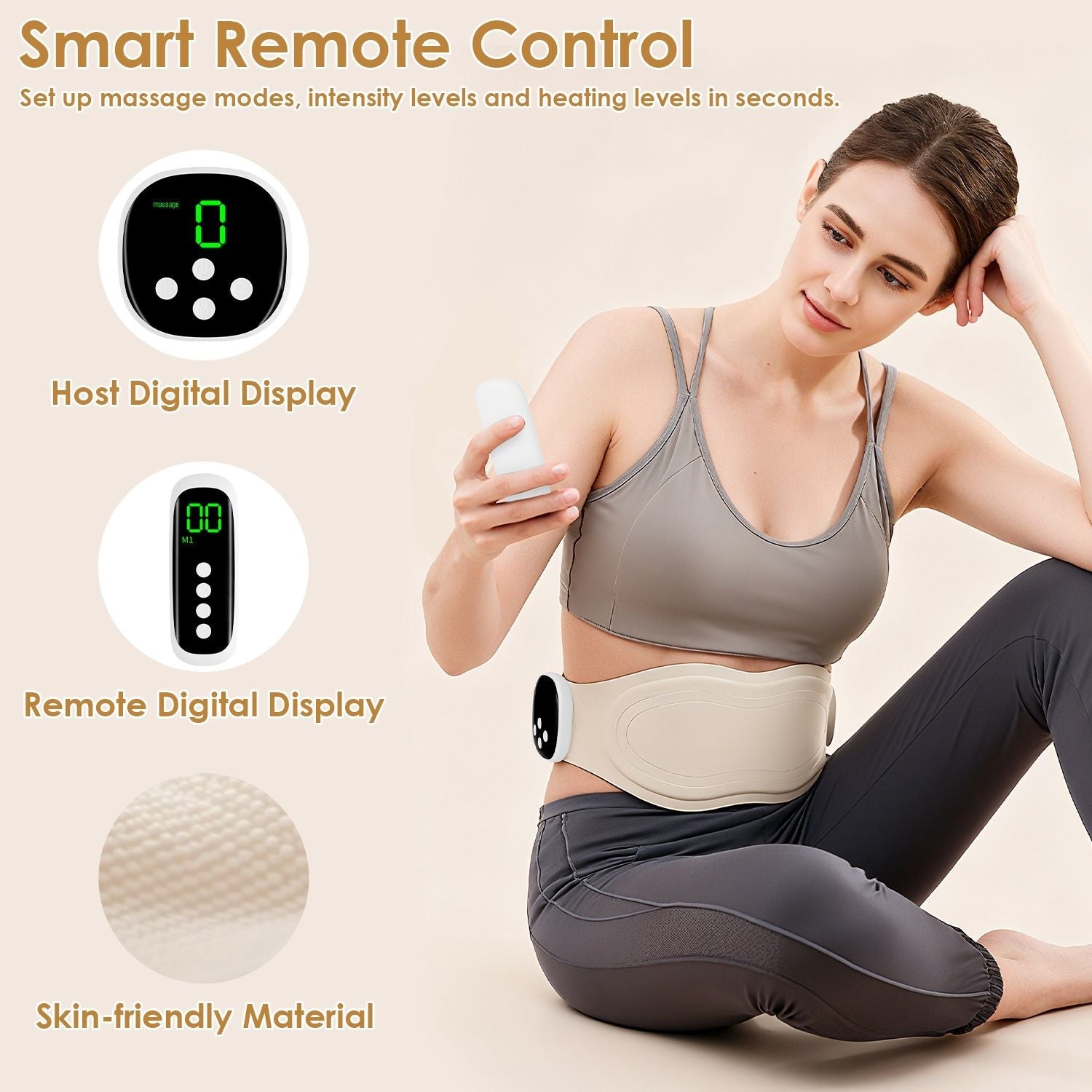 Beige heating pad controller remote with digital display and skin-friendly fabric