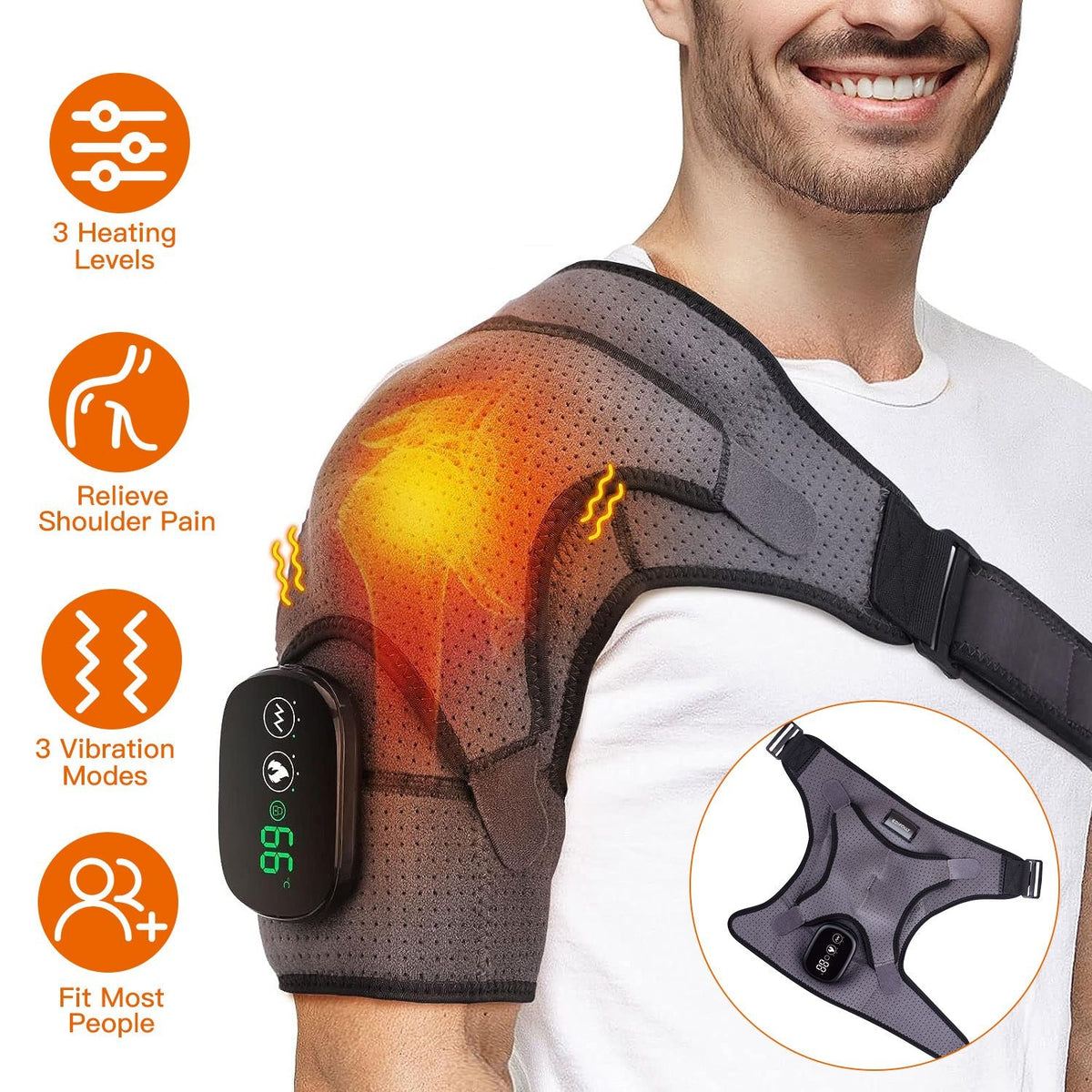 Grey heated shoulder wrap with attached controller, worn on shoulder