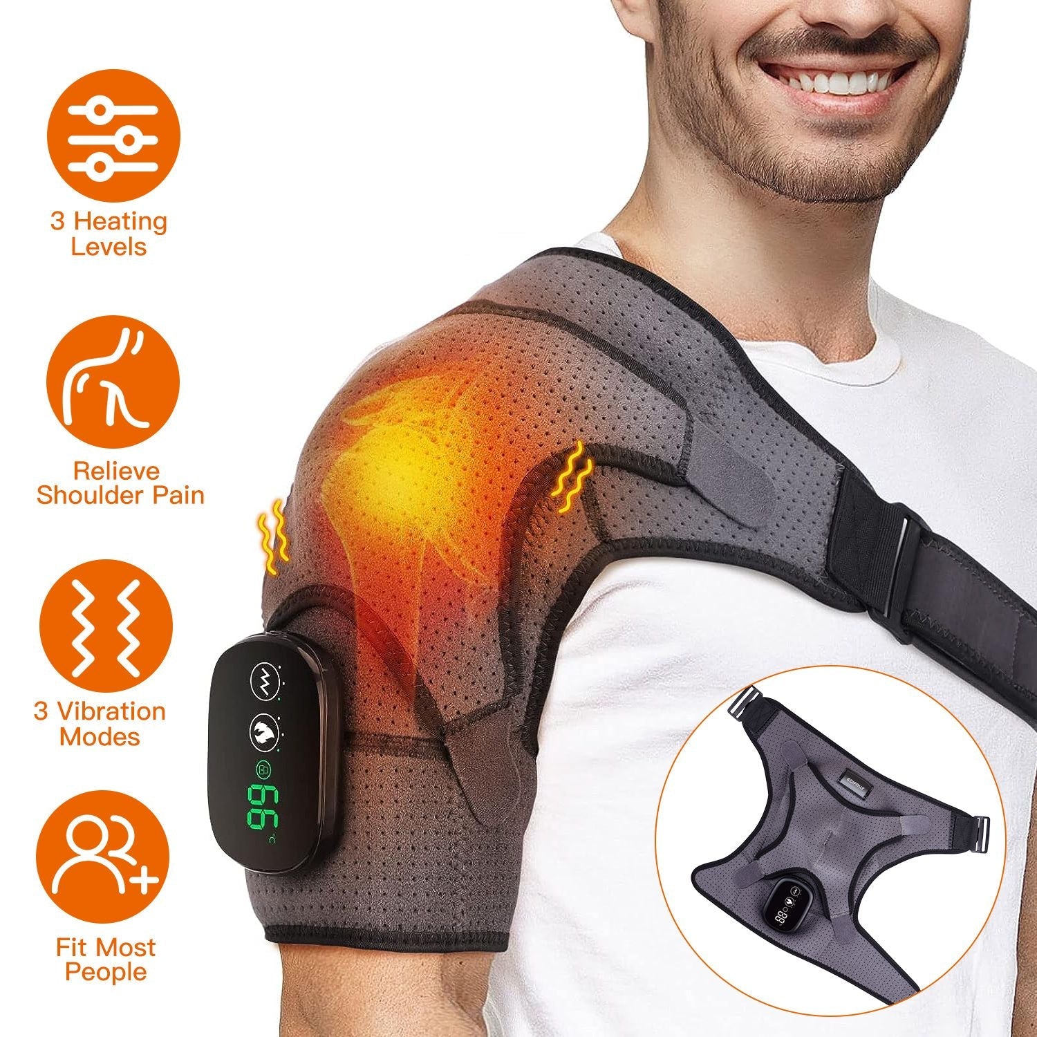 Grey heated shoulder wrap with attached controller, worn on shoulder