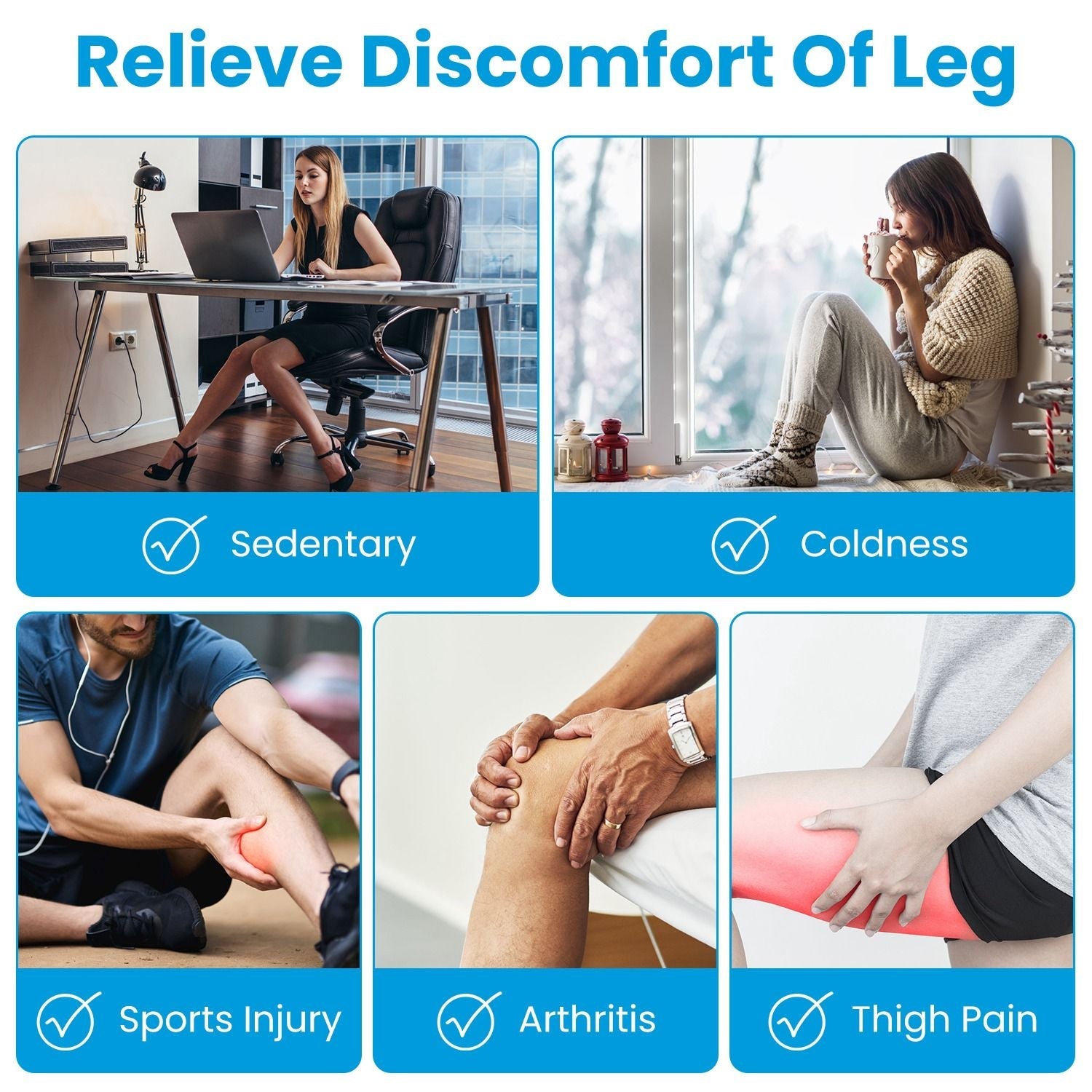 Grey leg massager wrap on thigh with red heat indicator and compression graphic