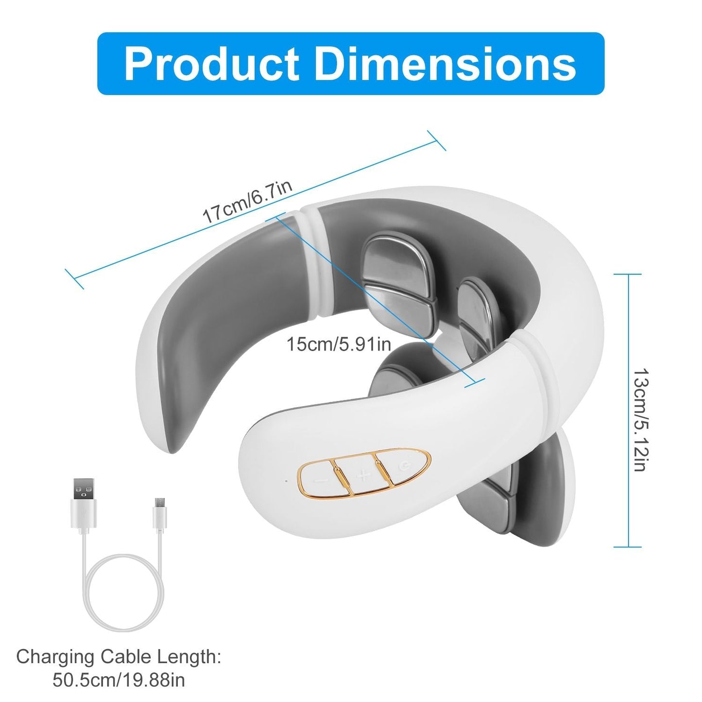 Electric neck massager with size diagram, gray and white U-shaped heated collar