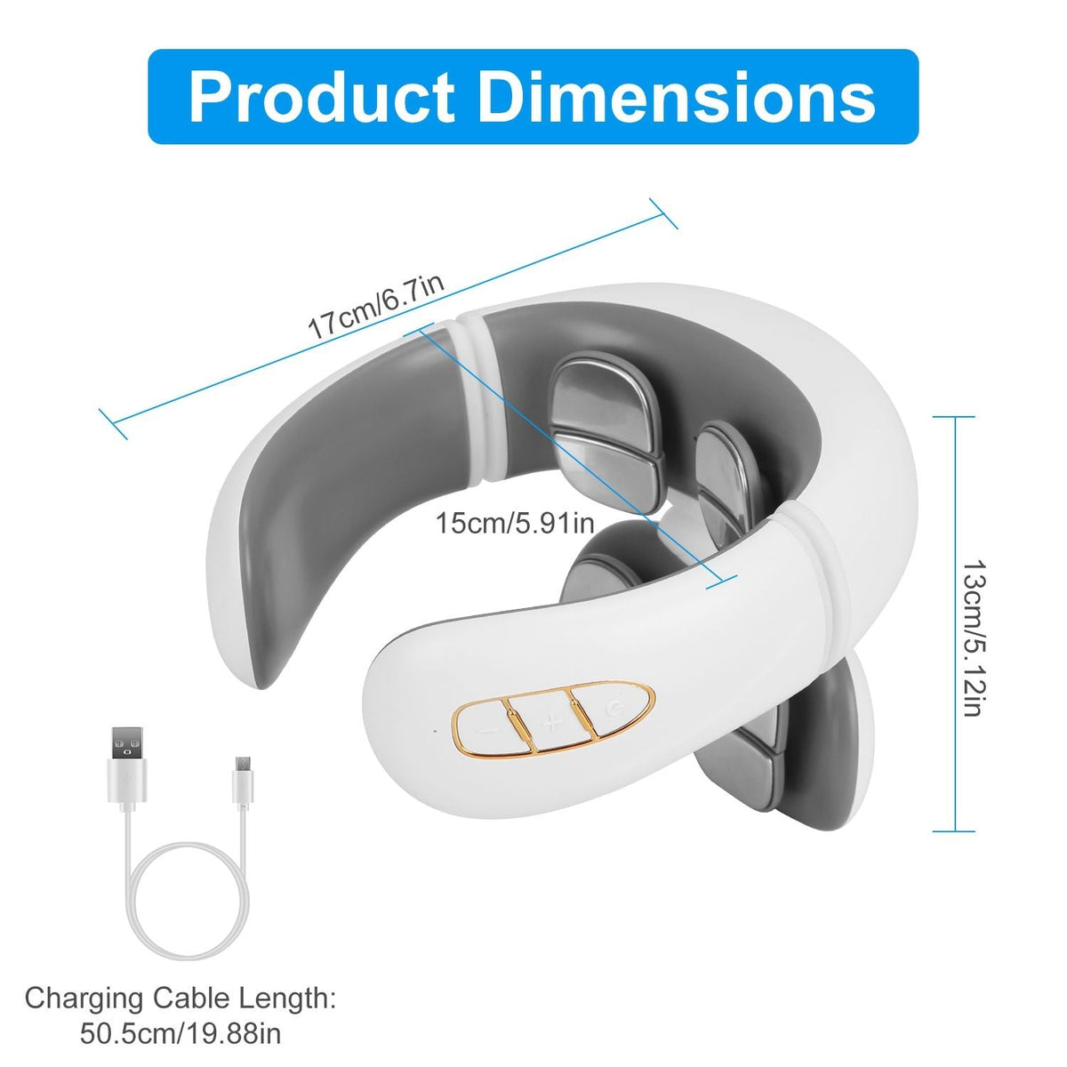 Electric neck massager with size diagram, gray and white U-shaped heated collar