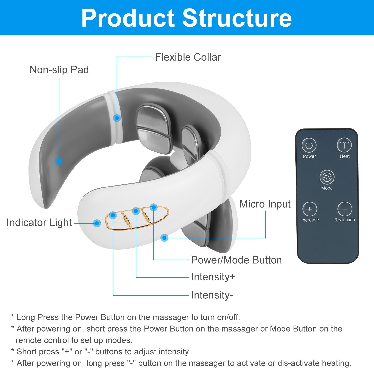 Neck massager product structure diagram with control remote and intensity indicators