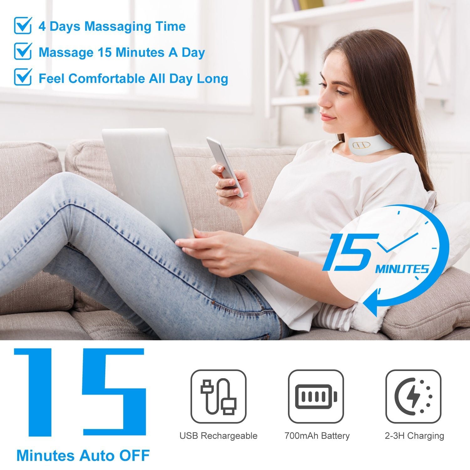 Cordless neck massager with heat and remote control, shown with auto-off timer