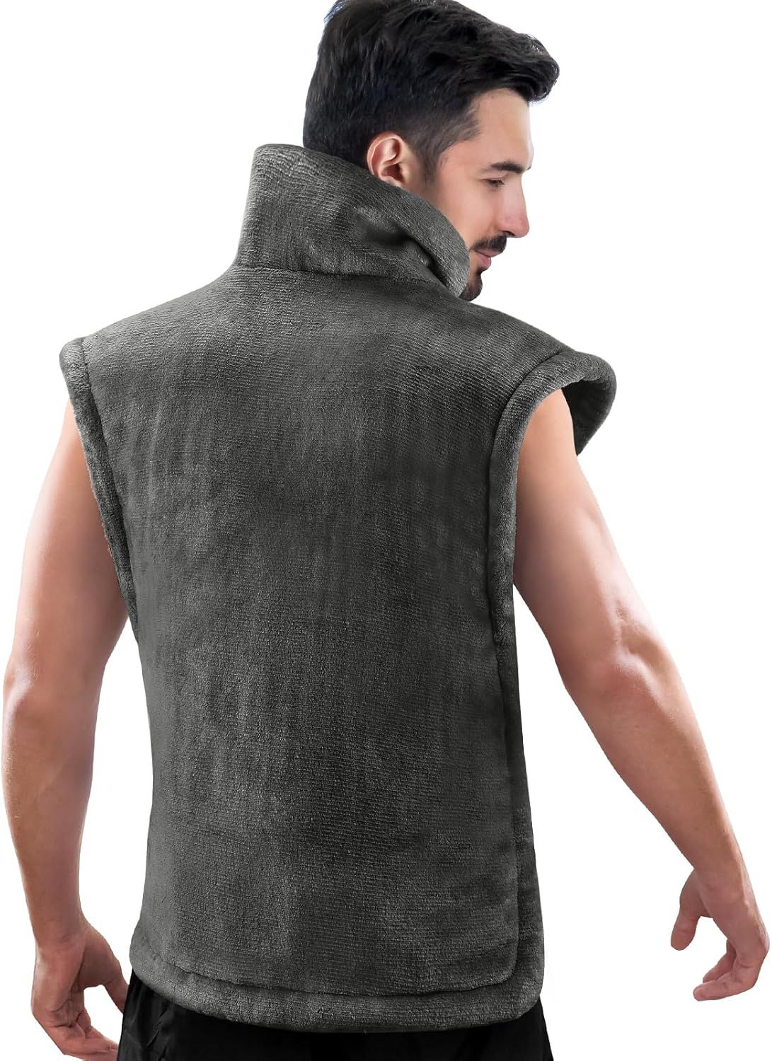 Gray weighted heating pad vest for neck and shoulders, sleeveless design