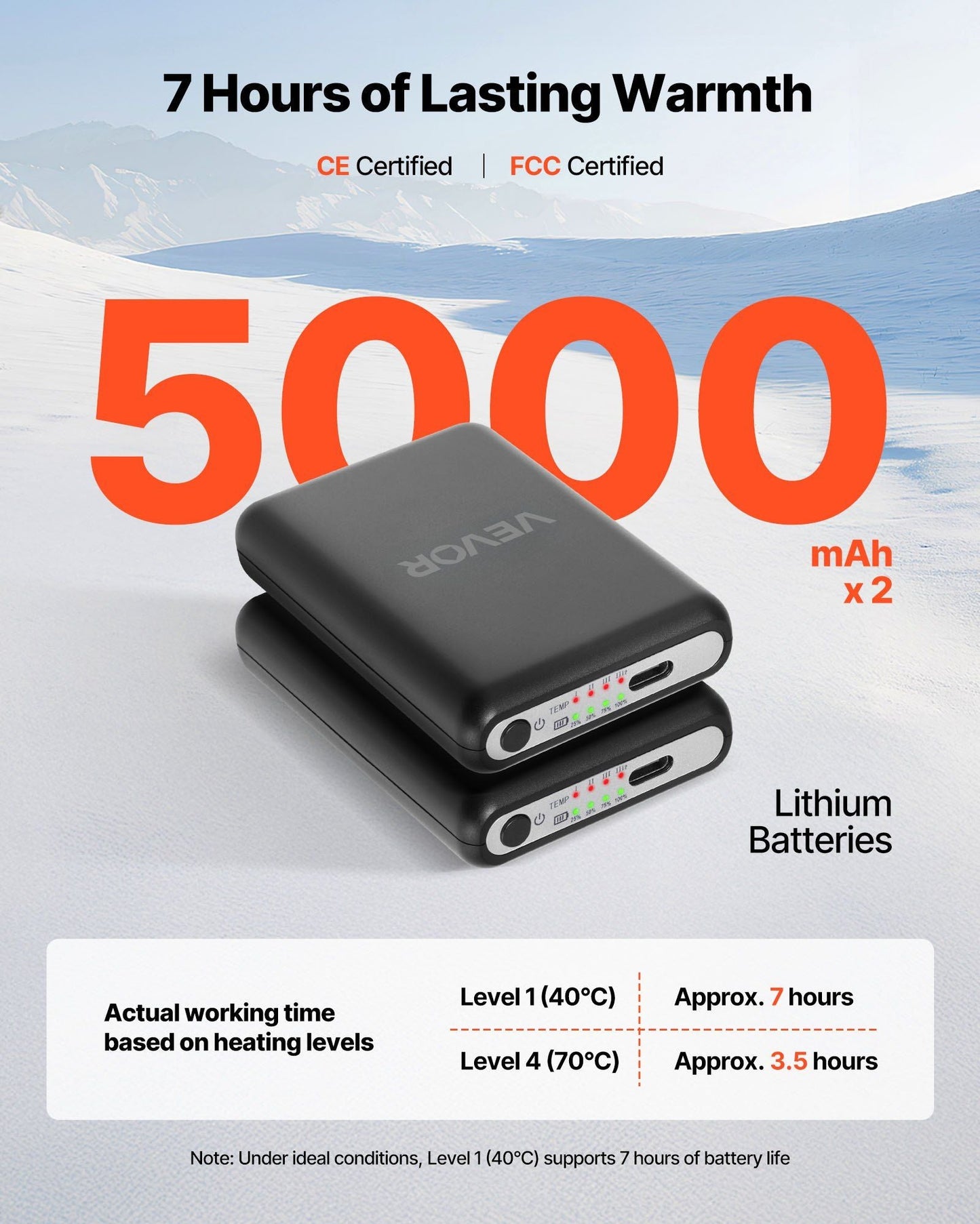 Black heated socks with 5000 mAh battery pack for lasting warmth, level runtime shown