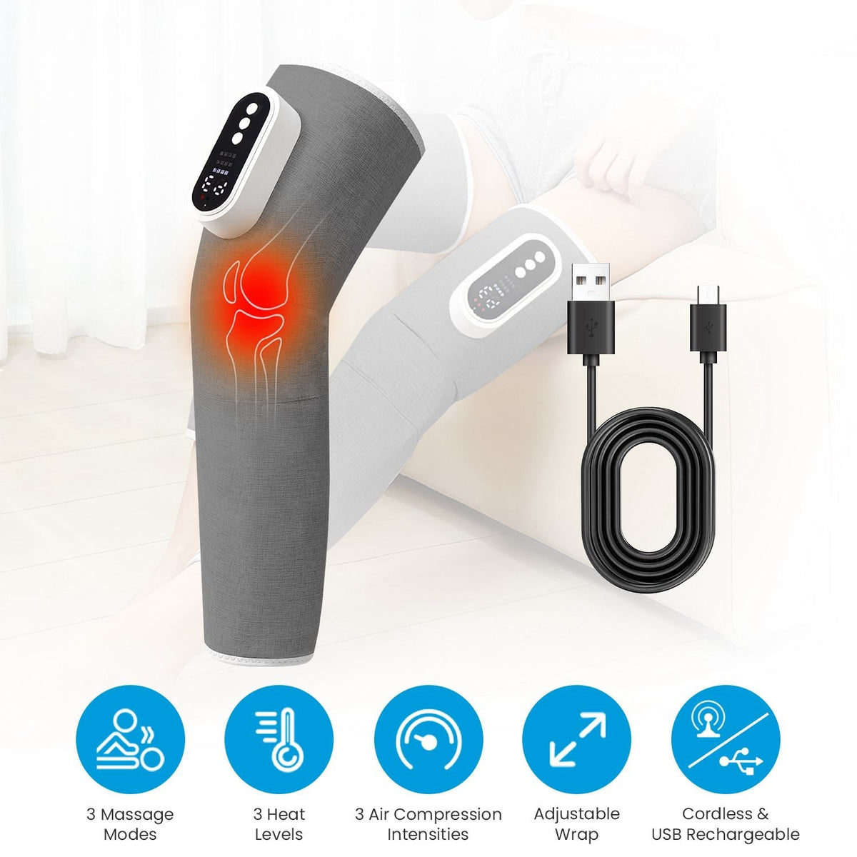 Grey cordless leg massager wrap with heat and compression pads on a bent leg