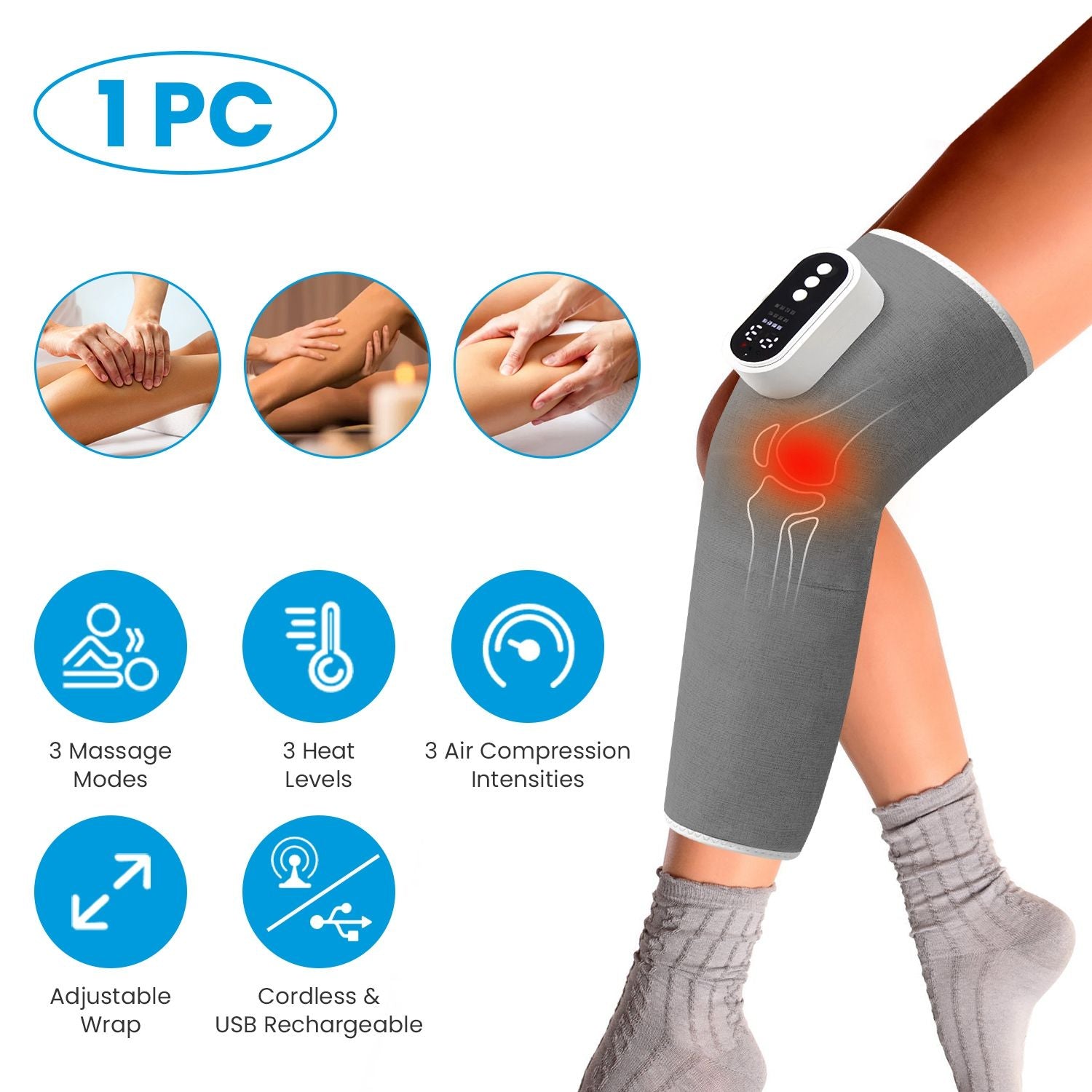 Grey leg compression massager wrap with black control panel on thigh