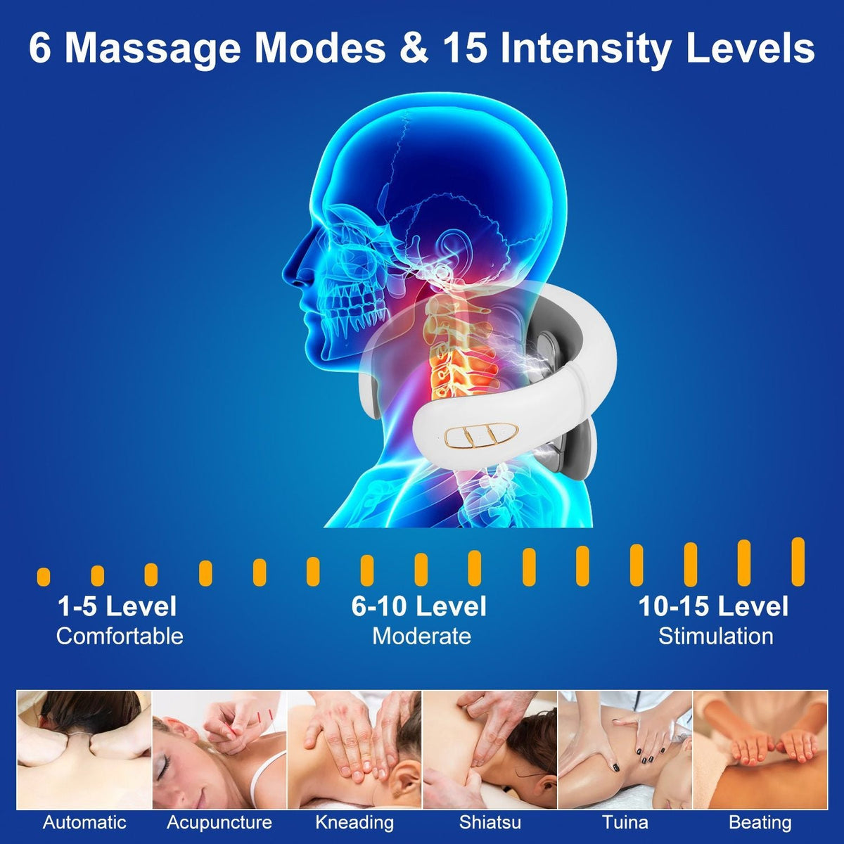 Heat-enabled neck massager with illuminated modes and intensity level indicators