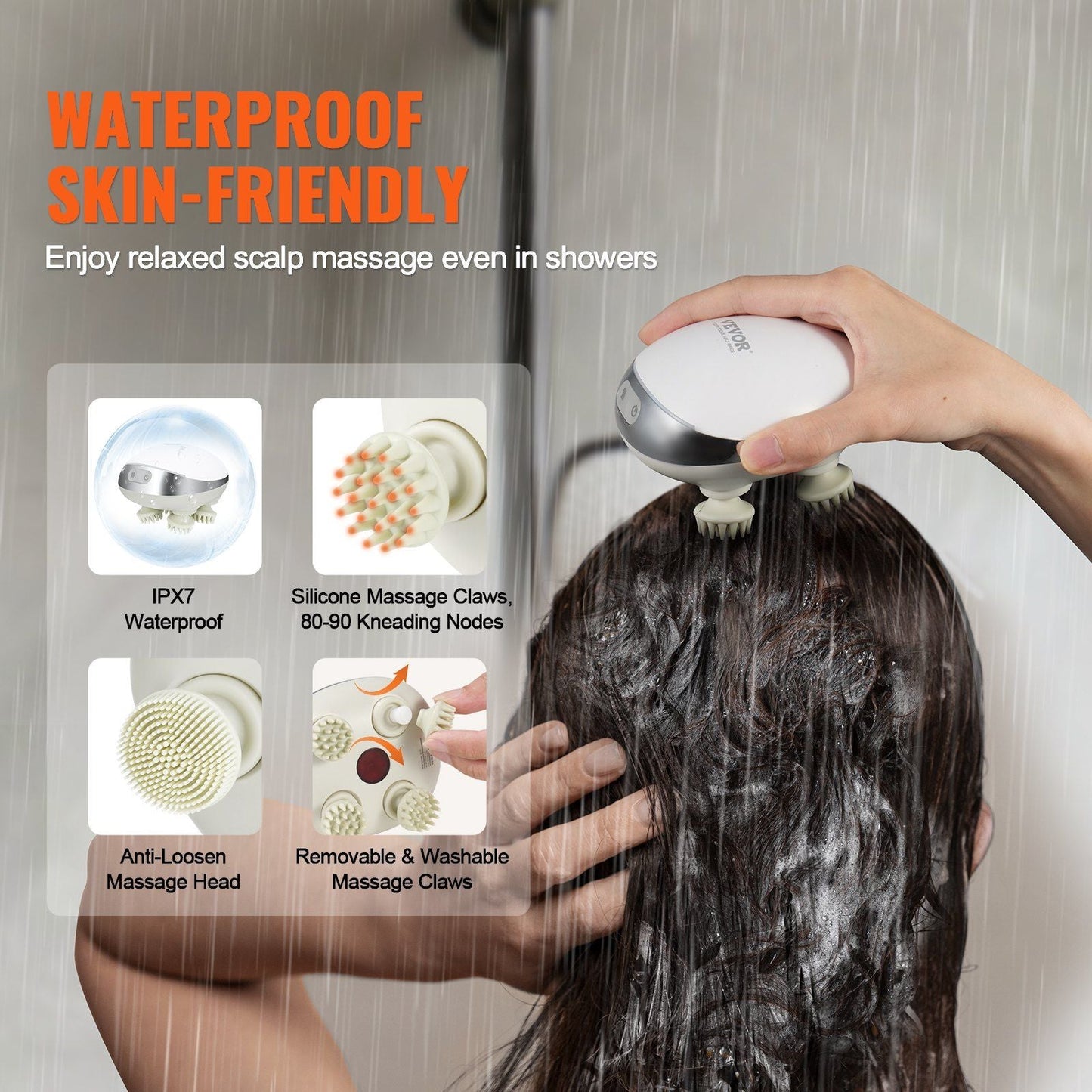 Waterproof scalp massager with silicone kneading claws and round massage pad head