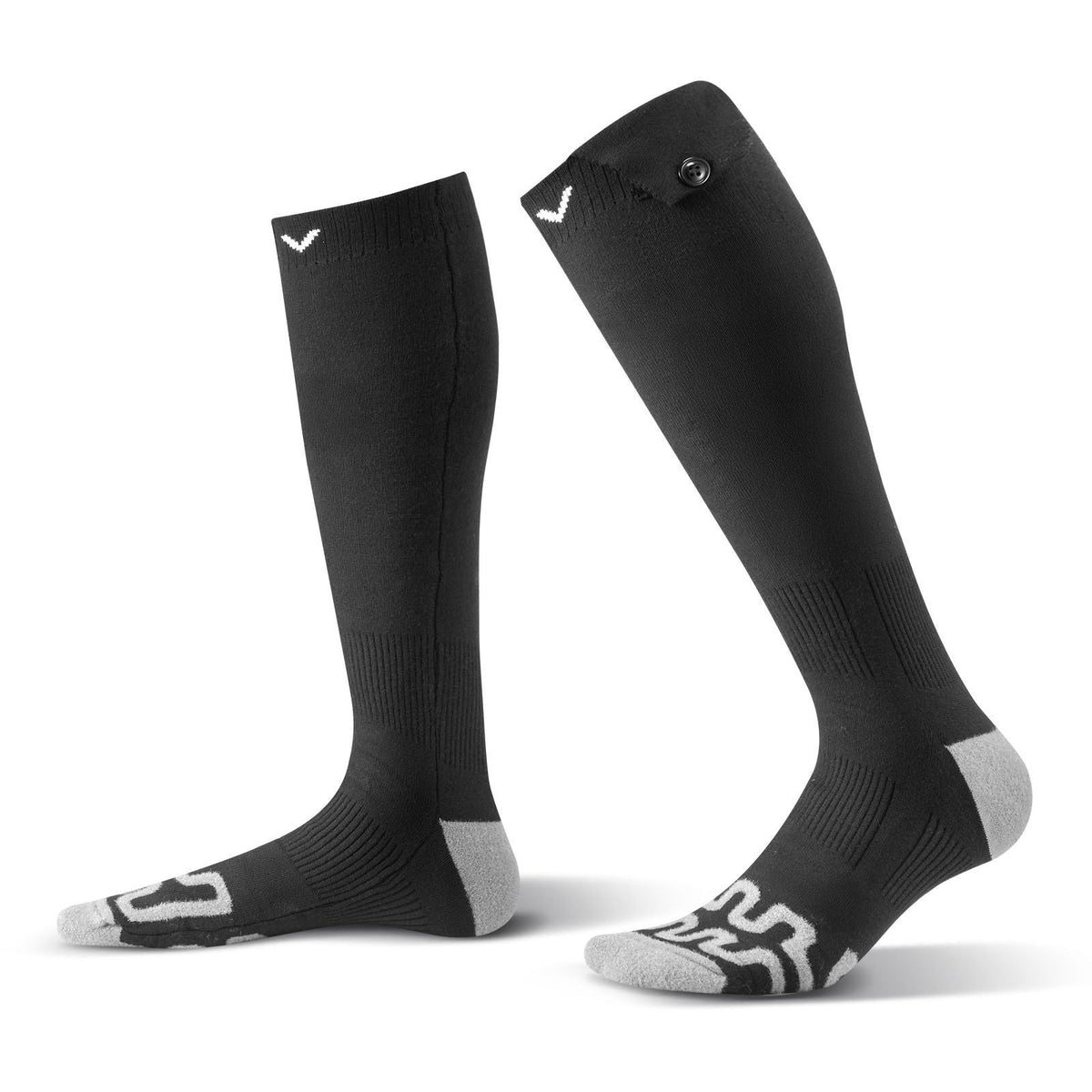 Black heated socks pair with gray toe and heel, cushioned sole, V logo accents
