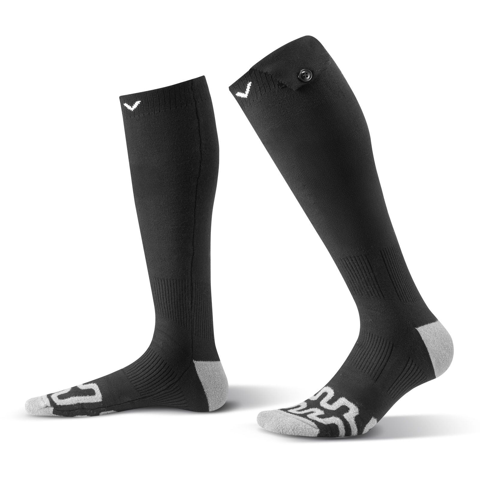 Black heated socks pair with gray toe and heel, cushioned sole, V logo accents