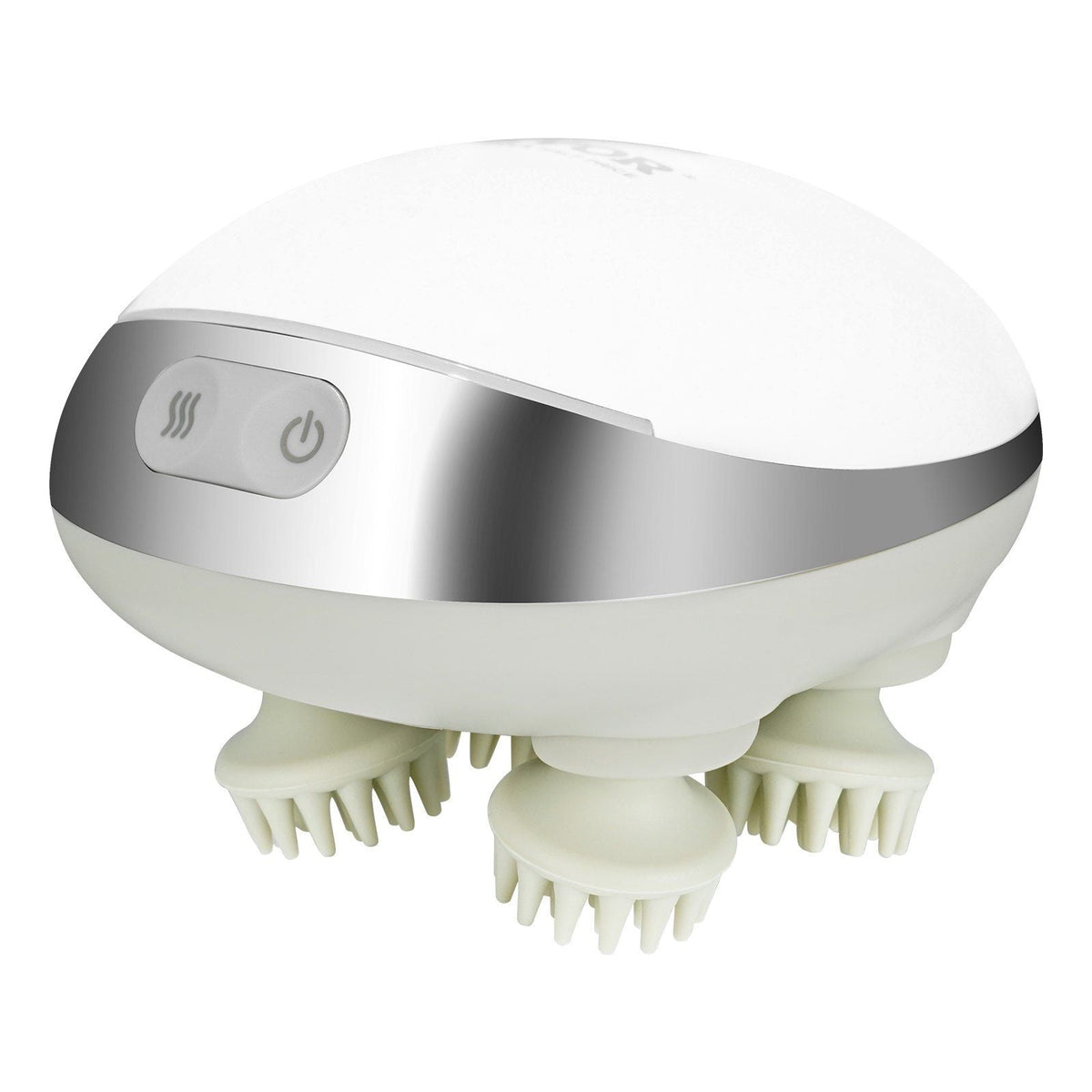 White and gray heated scalp massager with silicone kneading nodes and power buttons