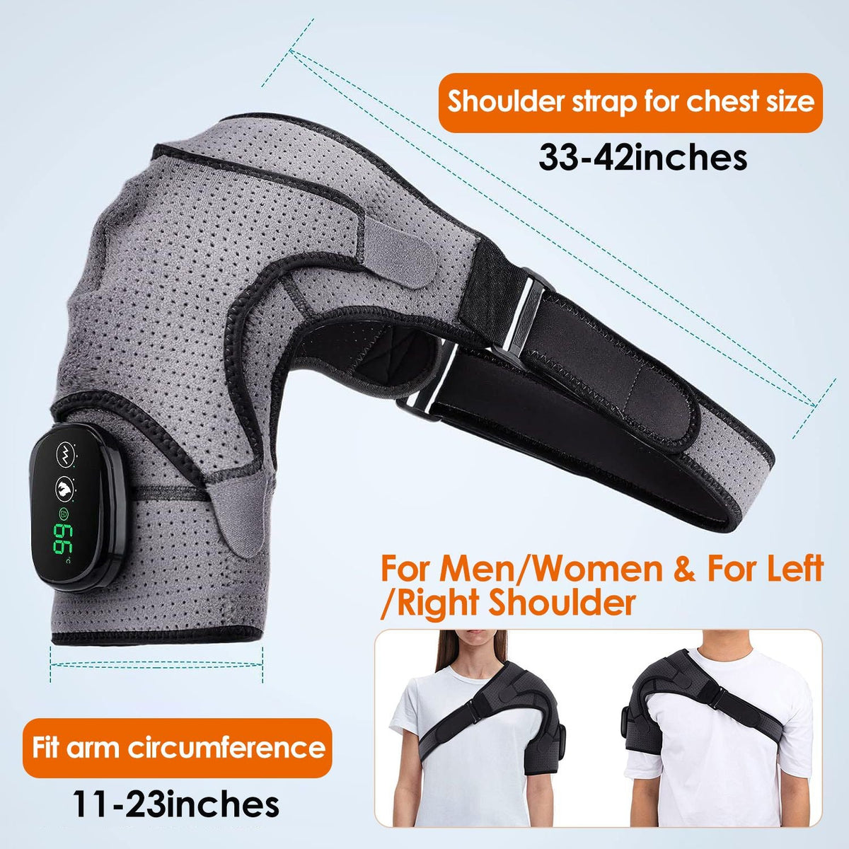 Grey heated shoulder wrap with adjustable strap and controller, fit for left/right shoulder