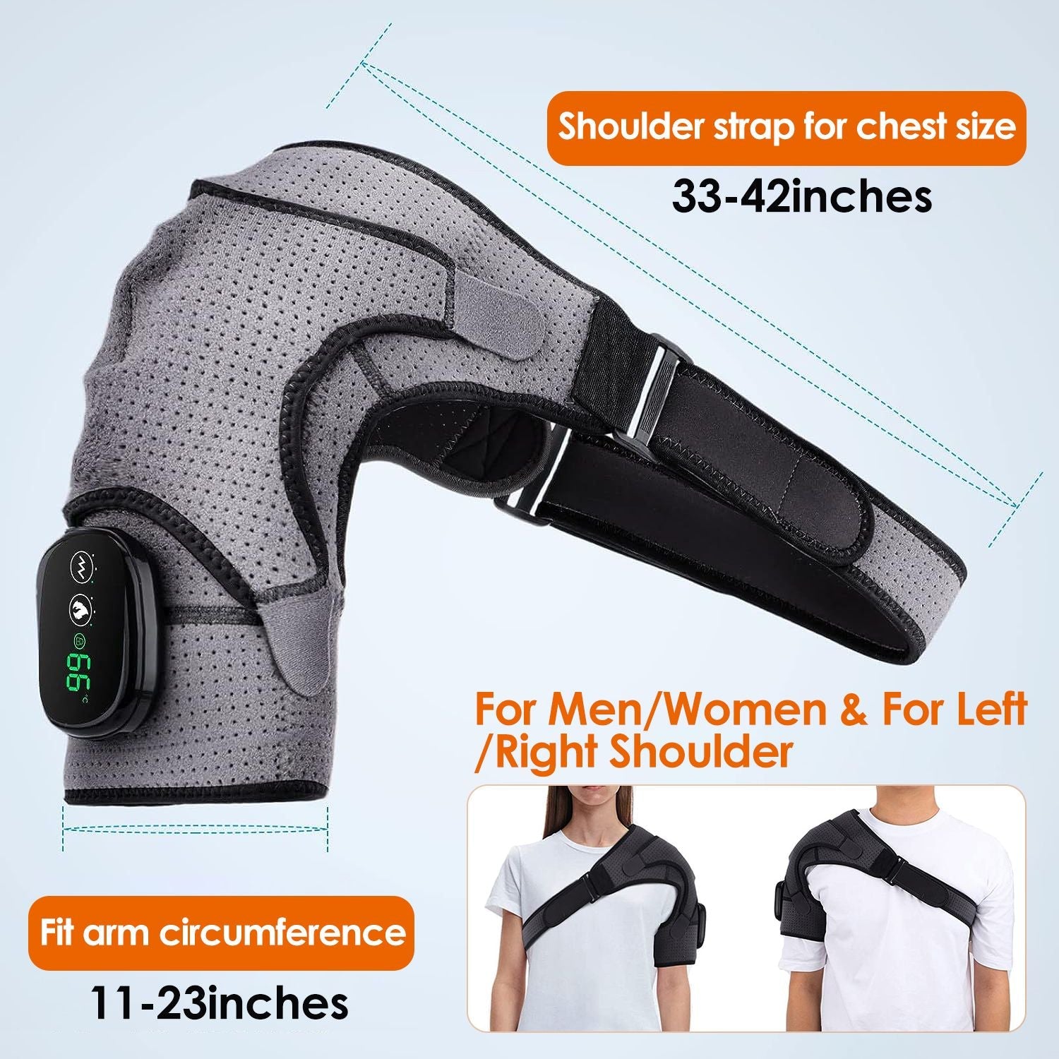 Grey heated shoulder wrap with adjustable strap and controller, fit for left/right shoulder
