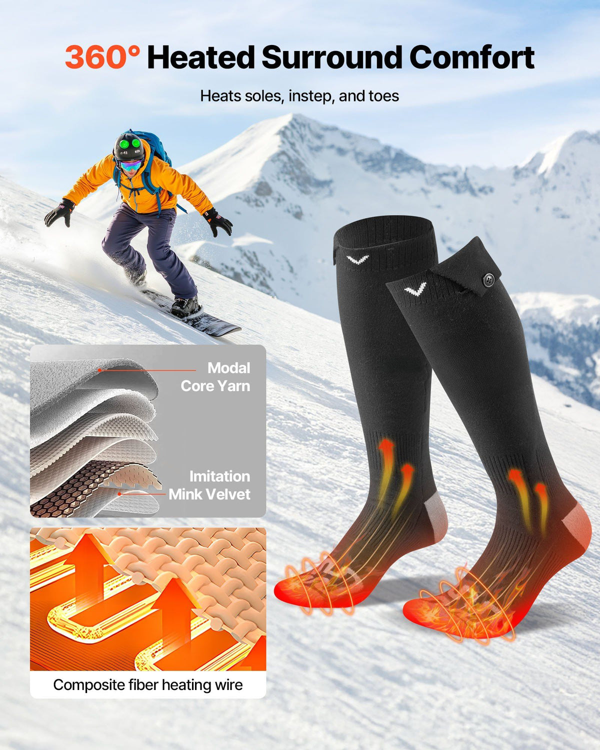 Black heated socks with warming coverage on soles, toes, and instep, gray contrast accents