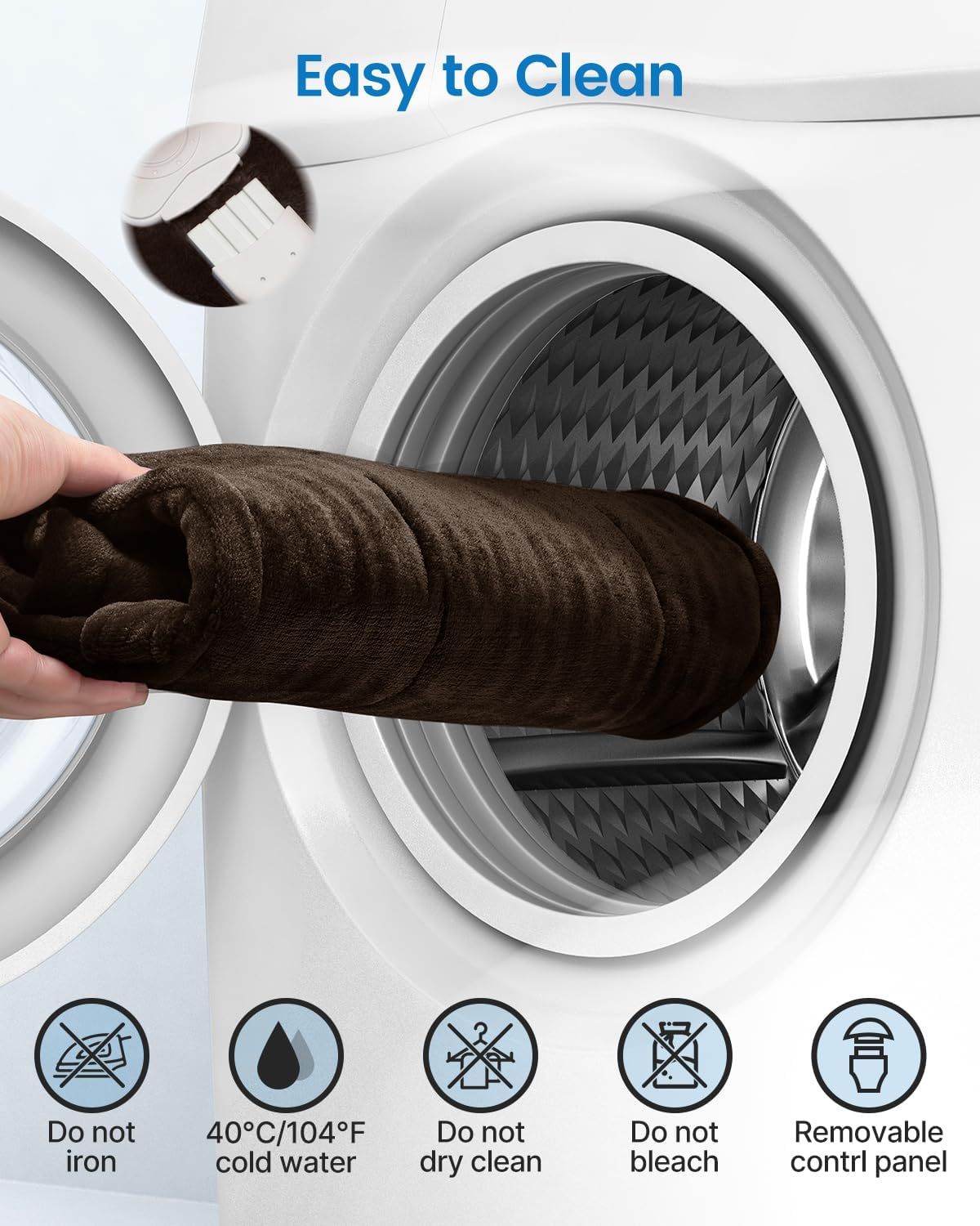 Electric heating pad cover rolled in washer; care icons and removable control panel shown