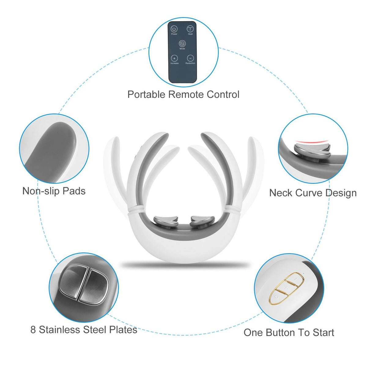 Cordless neck massager set with flexible collar, remote control, and curved contact pads