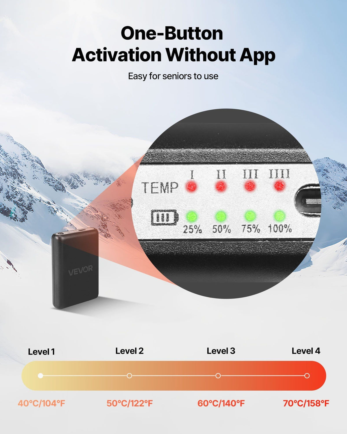 Black heated sock kit with one-button control and four heat level indicators, battery pack