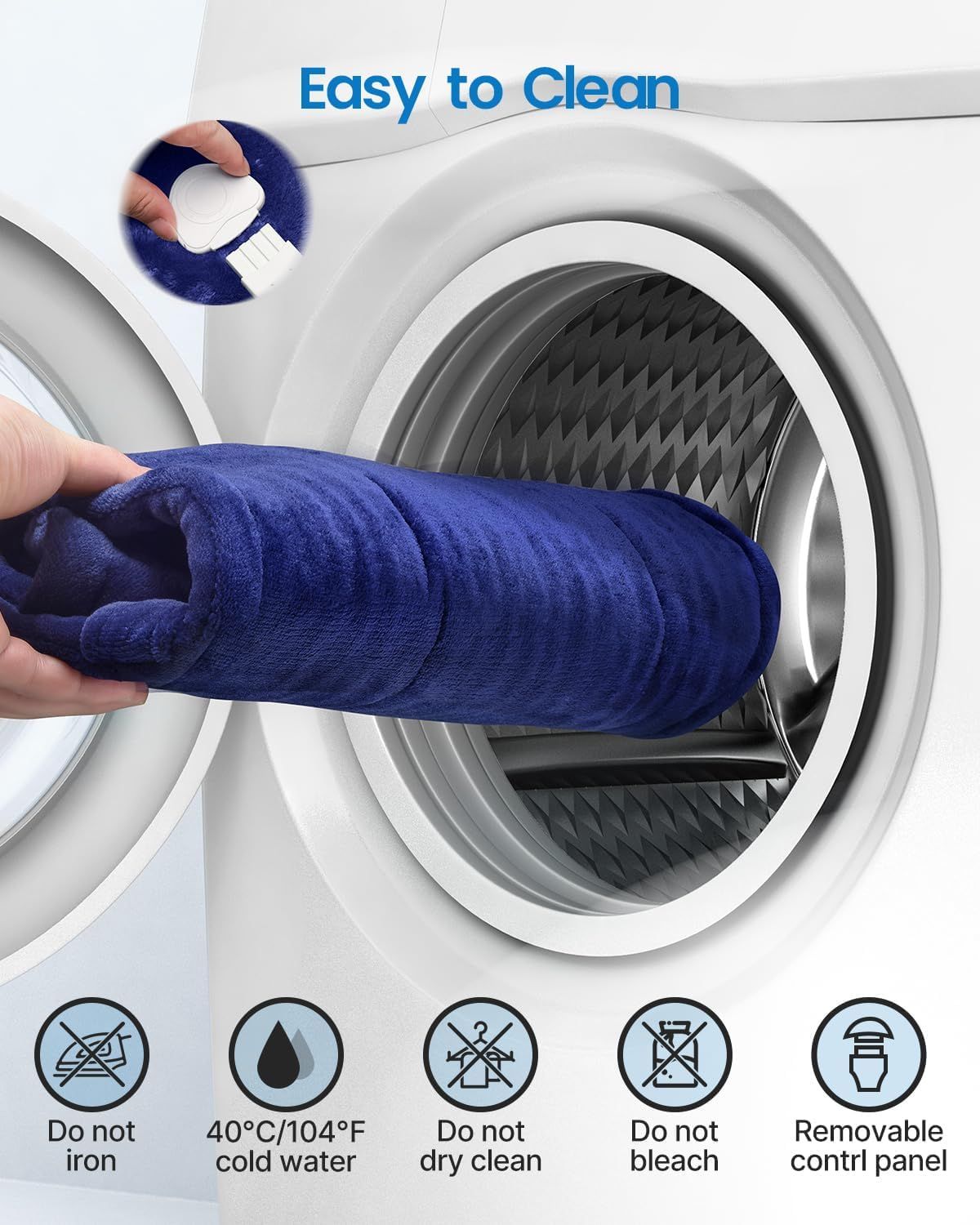 Electric heating pad cover rolled in washer; care icons and removable control panel shown