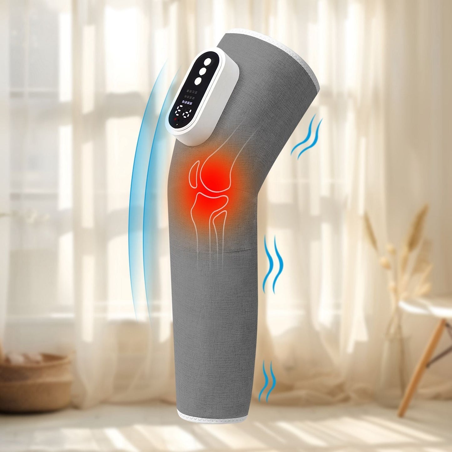 Grey cordless leg massager wrap with blue heat waves and red comfort indicator