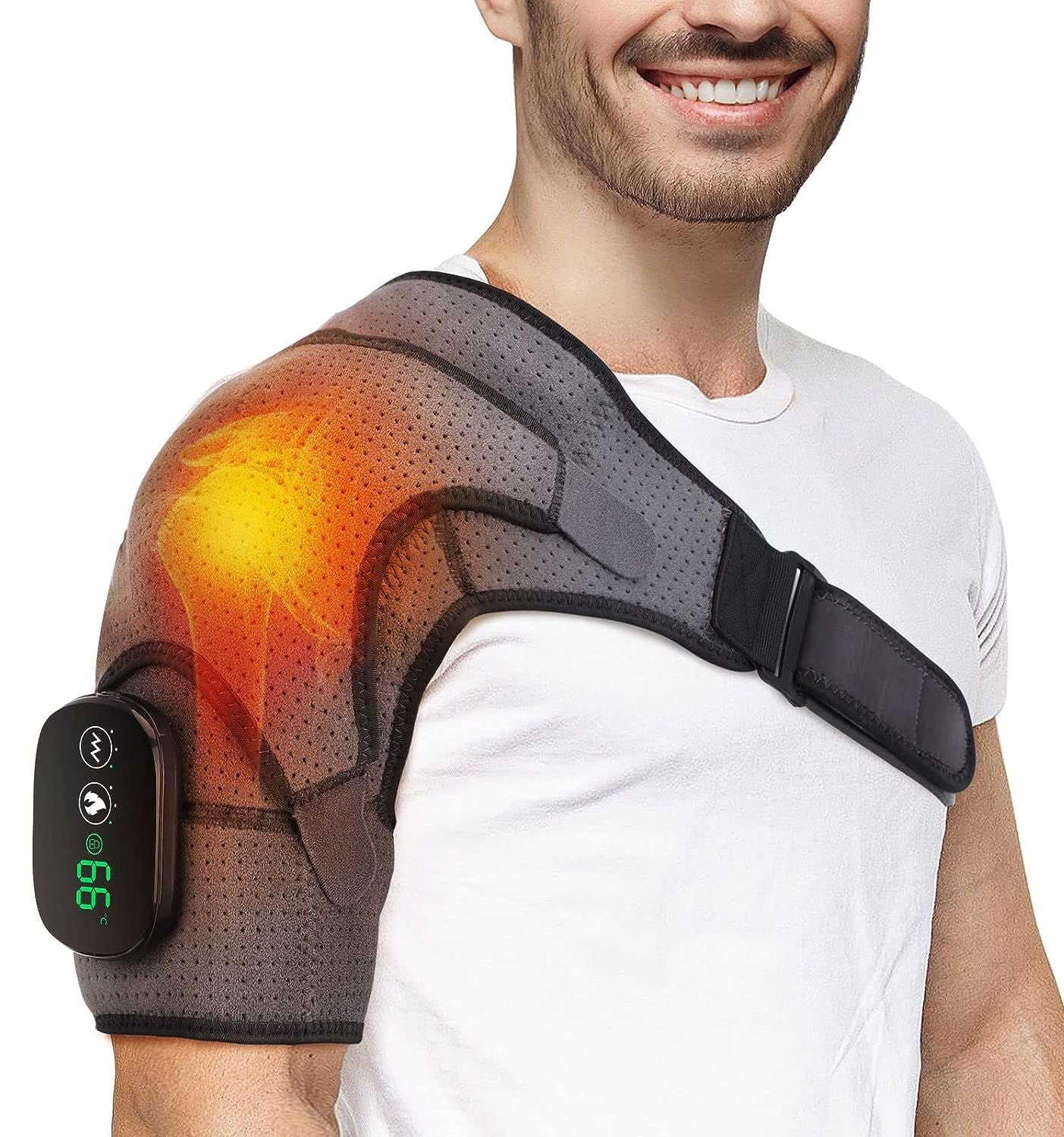 Grey heated shoulder wrap massager with controller, secured with adjustable strap