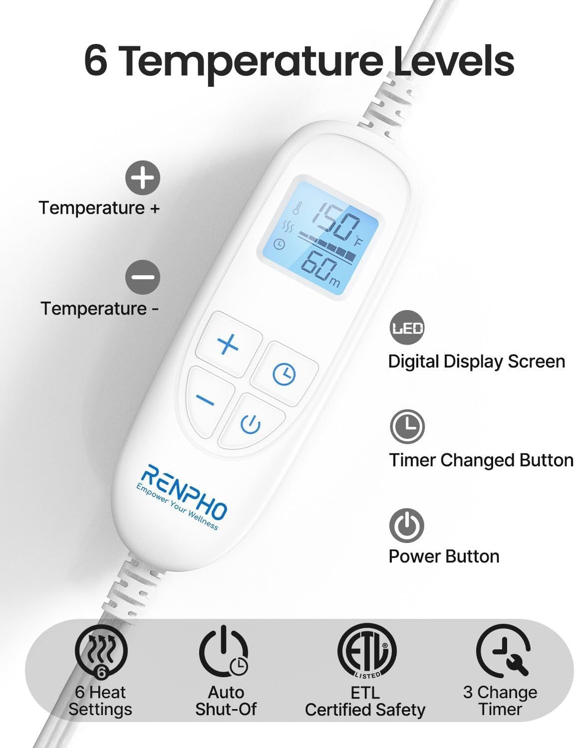 Heating pad digital remote controller with screen and temperature button controls