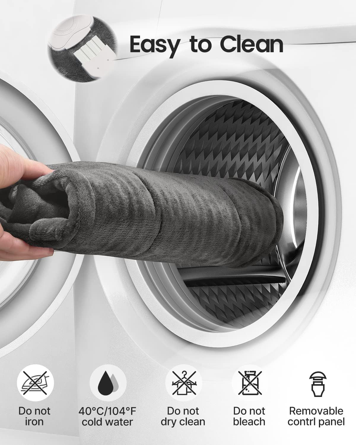 Gray heating pad with care symbols, easy-clean design