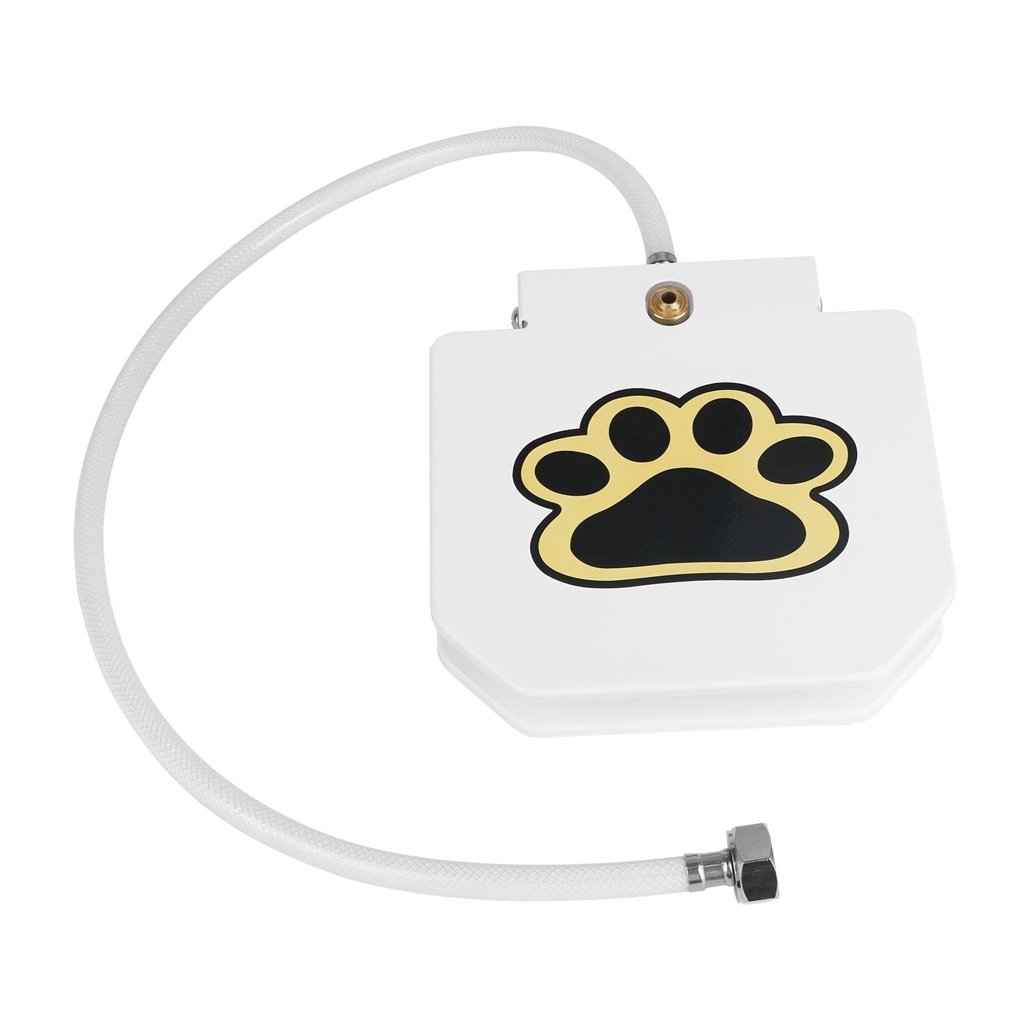 White pet water dispenser with paw emblem and flexible hose attached