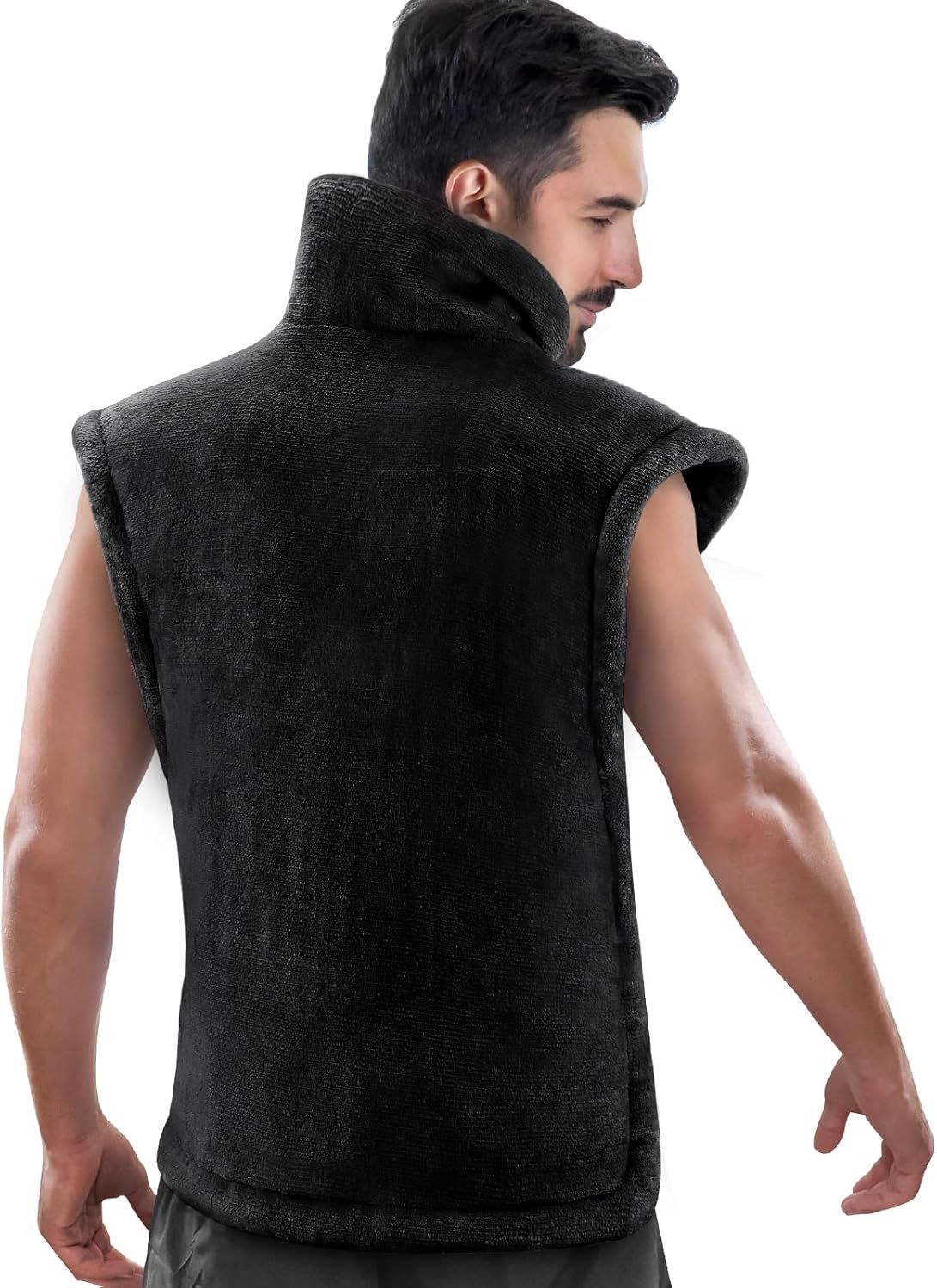 Black weighted heating pad vest for neck and shoulders, sleeveless design