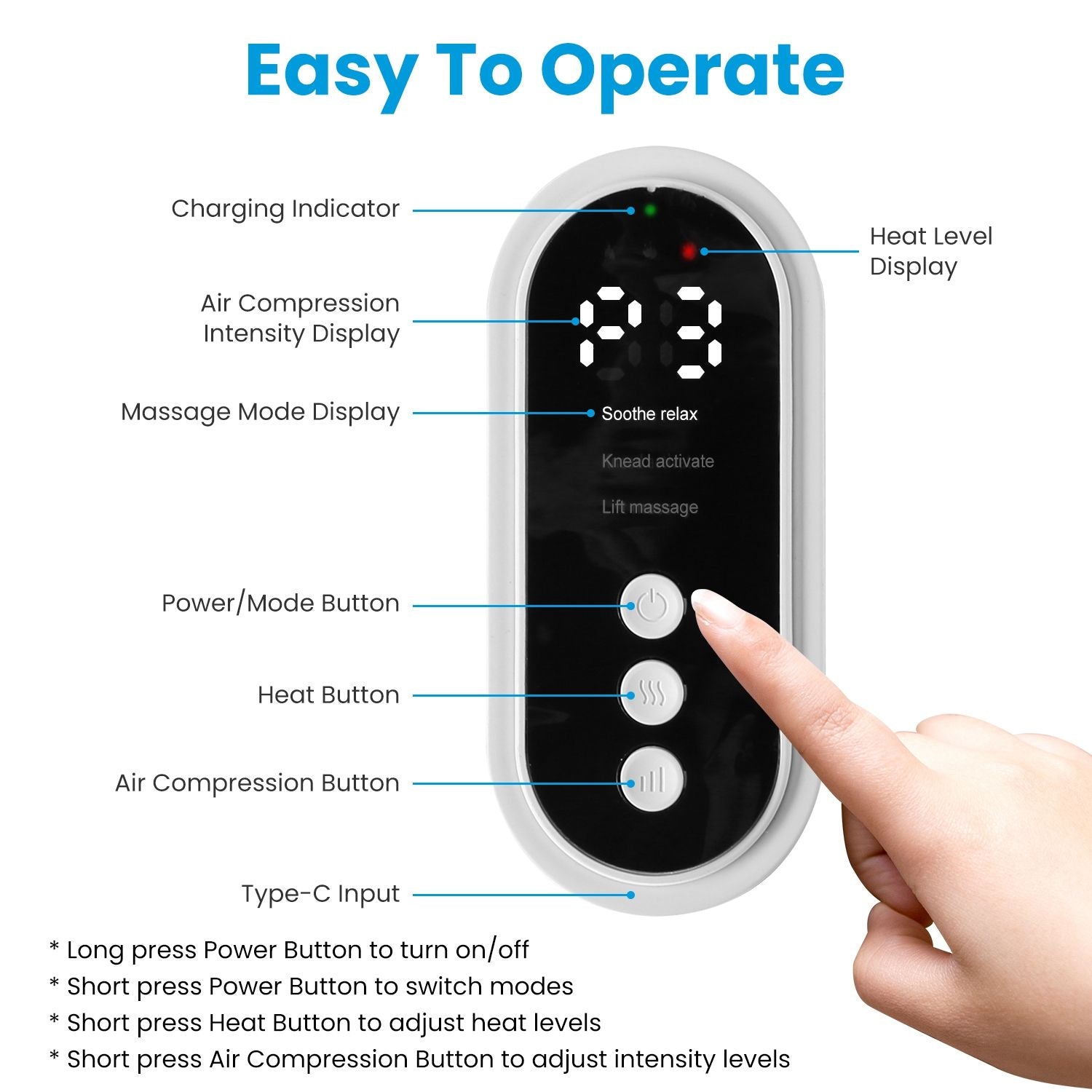 Grey controller for heat and air massage with mode display and button controls