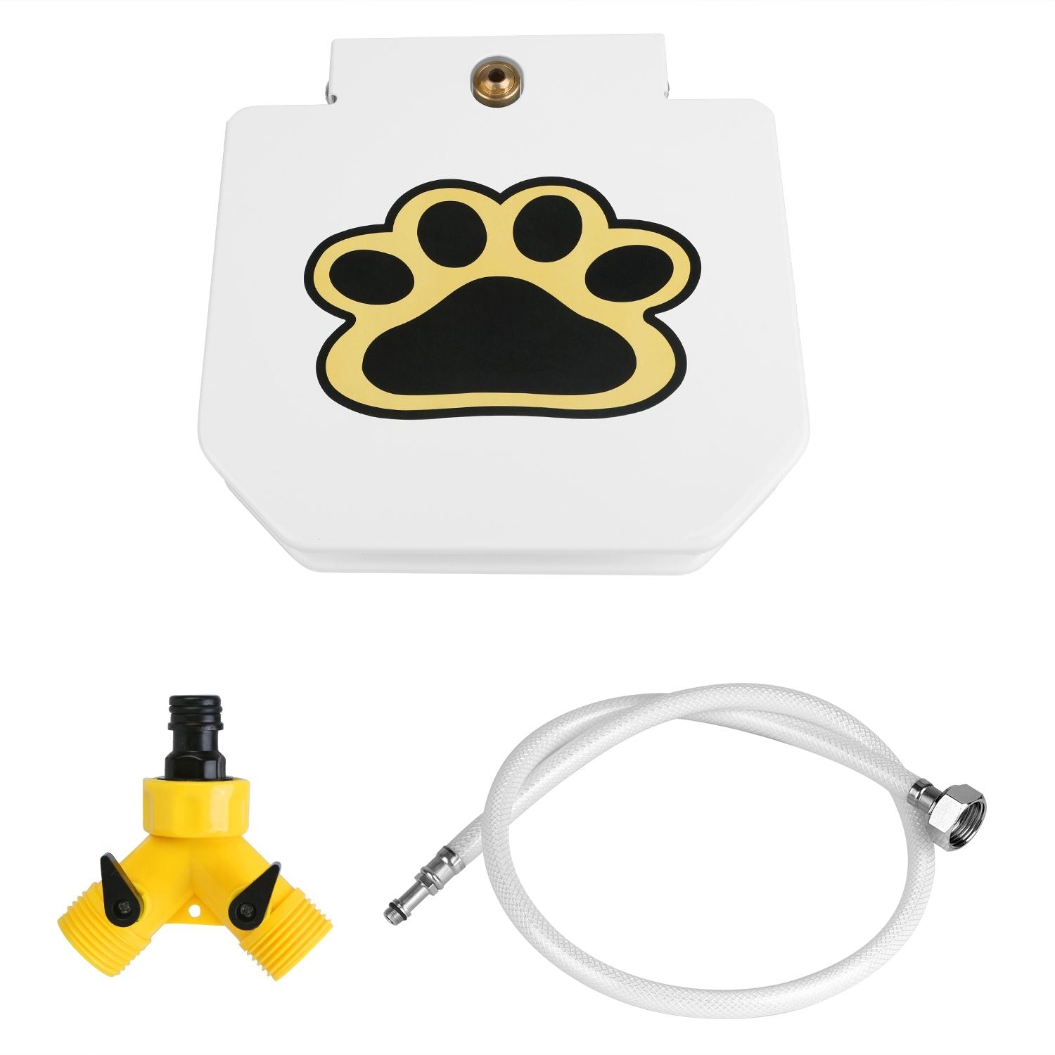 White pet water fountain base with paw emblem, yellow faucet splitter and hoses