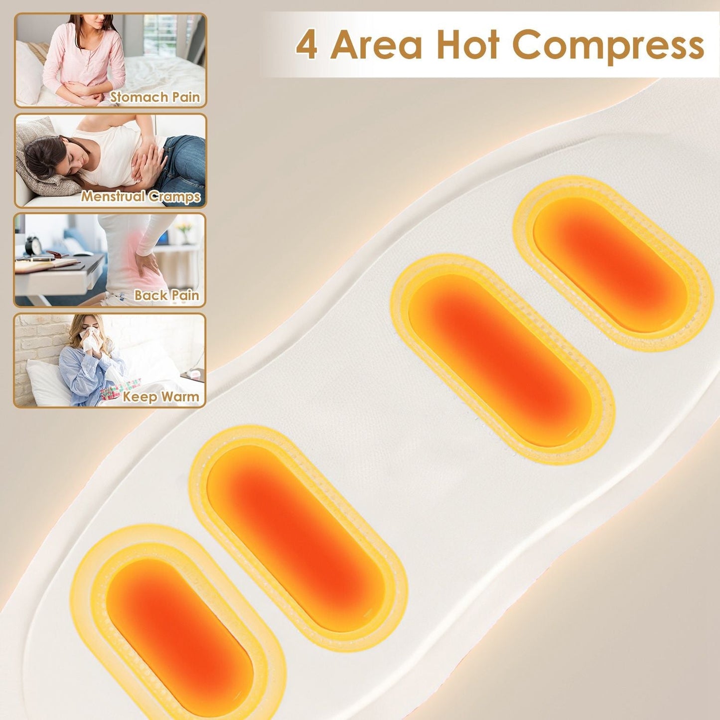 Beige heating pad with four hot compress heat zones and orange warming lines
