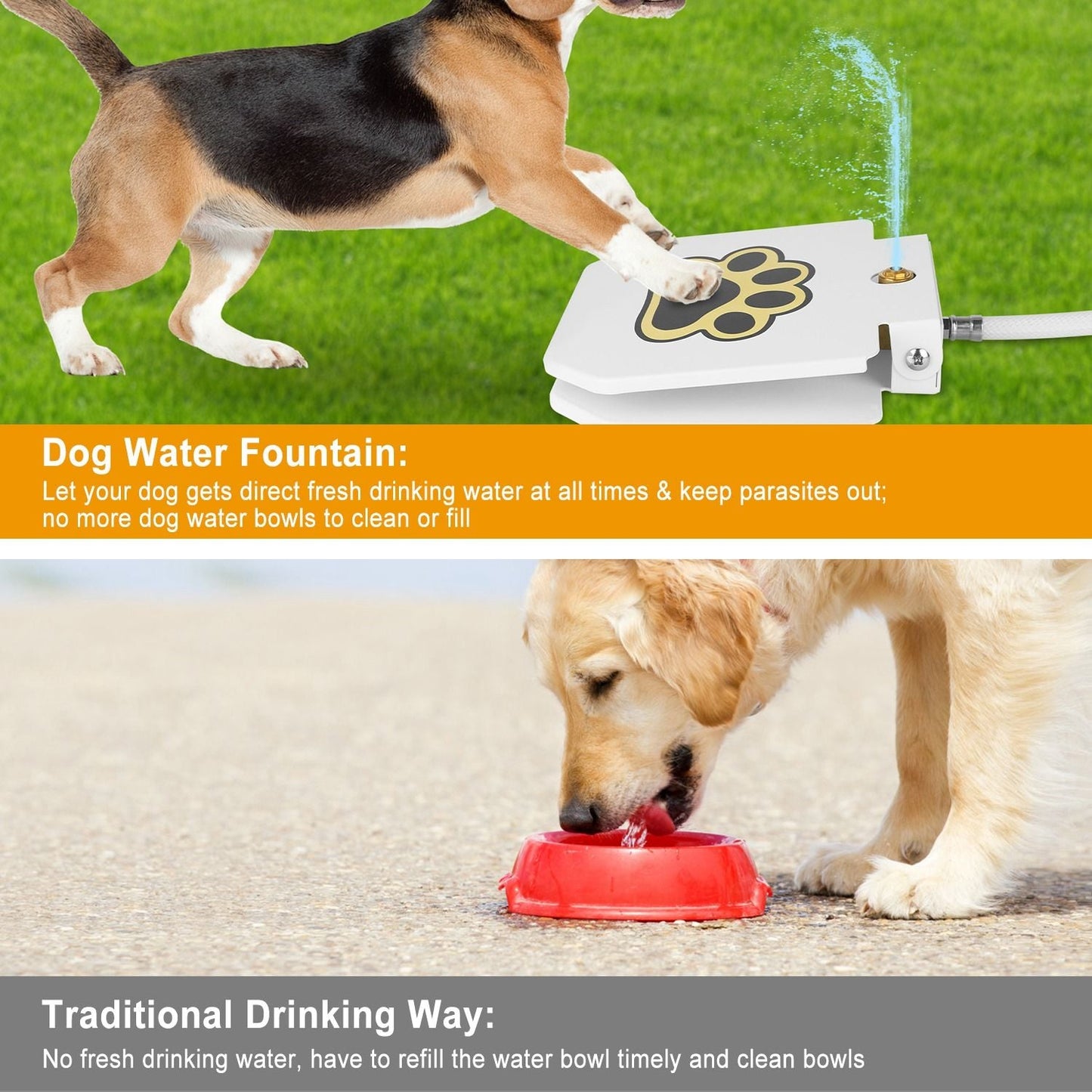 White step-on pet water fountain with paw icon and gray hose, close-up
