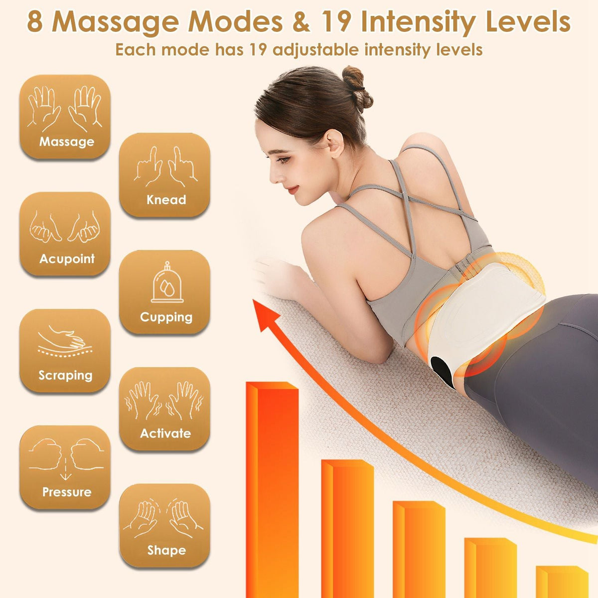 Beige heating pad on back with orange heat intensity bands and mode icons diagram