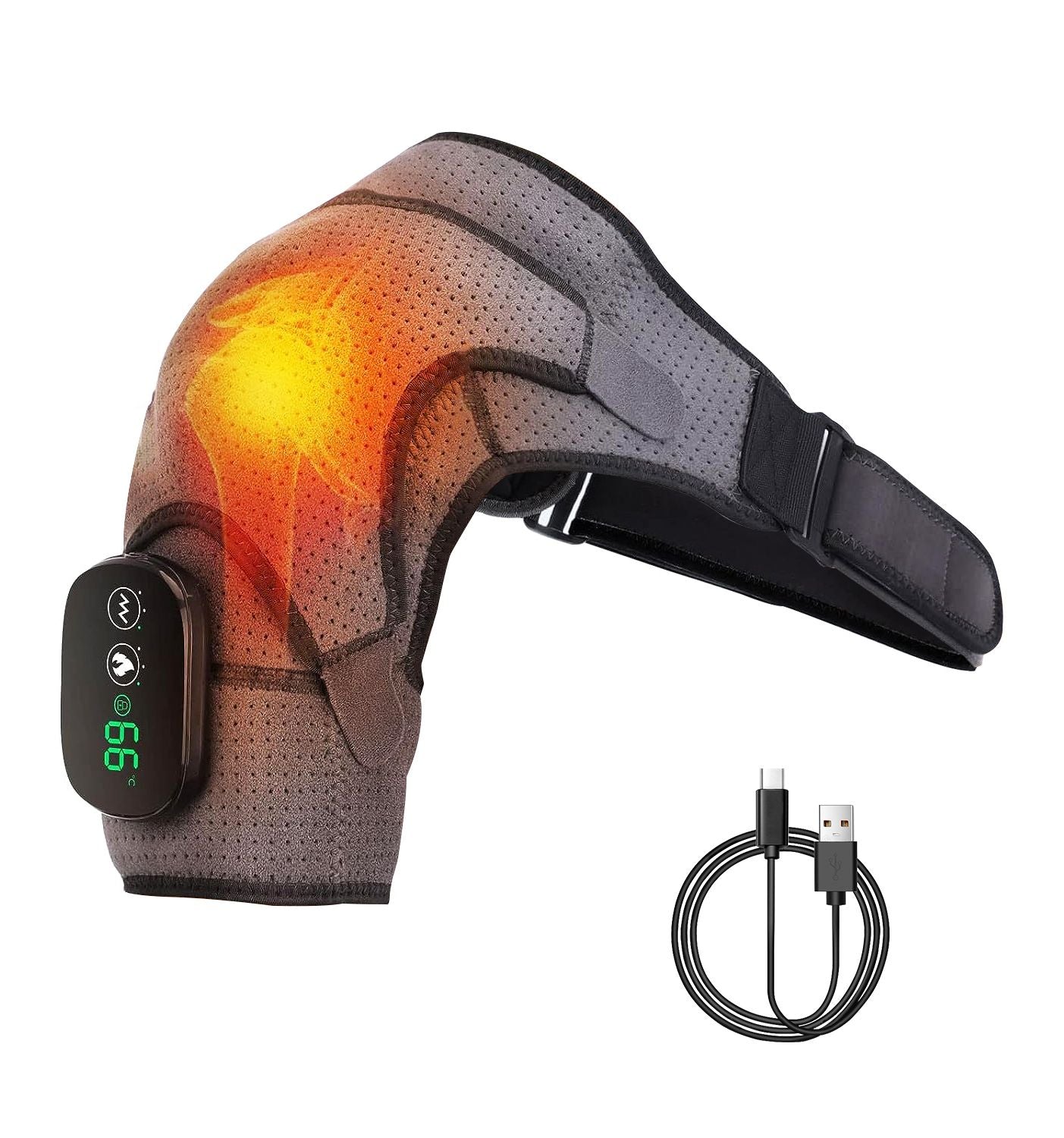 Grey heated shoulder wrap massager with wireless controller and Type-C charging cable