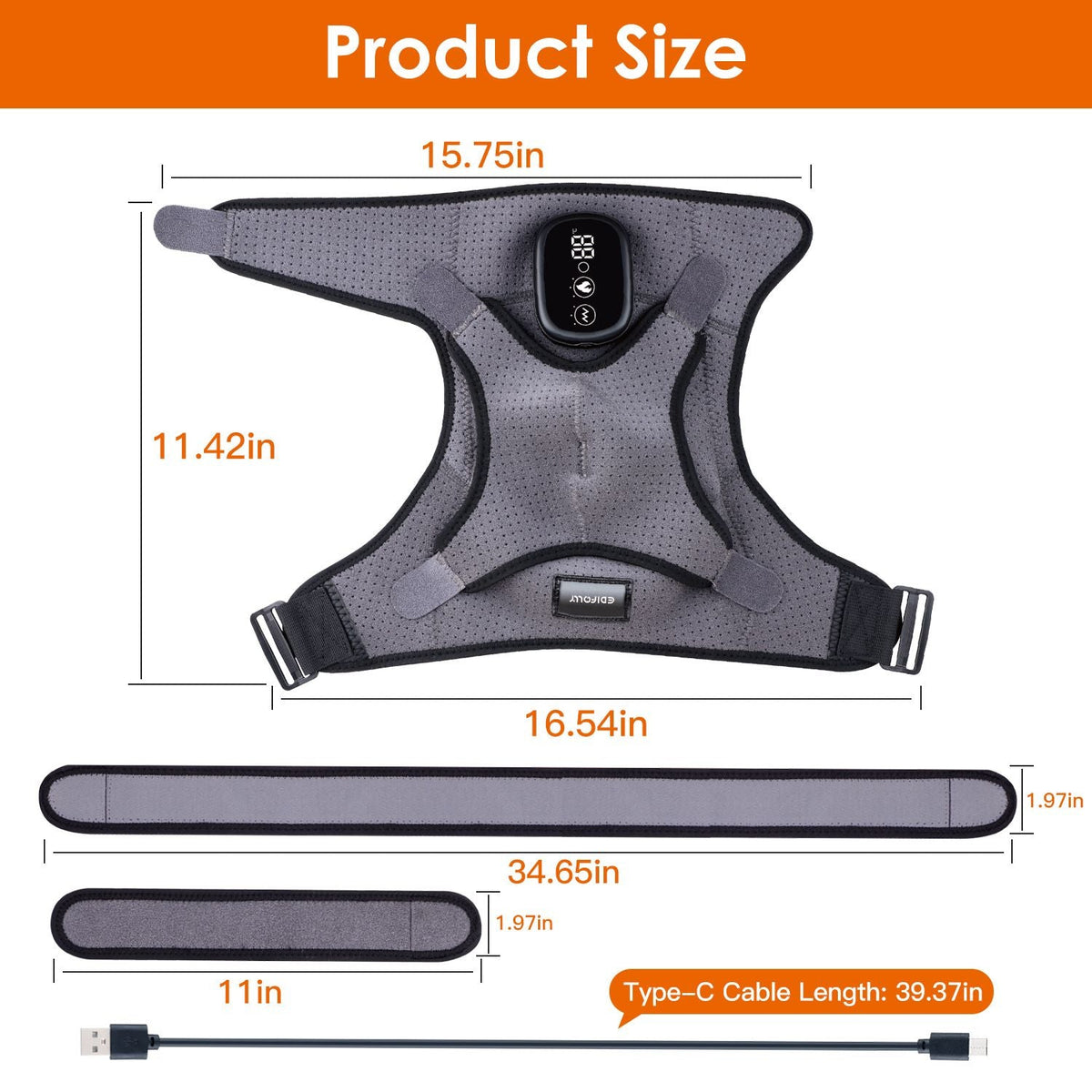 Grey heated shoulder wrap size diagram with measurements and Type-C cable length