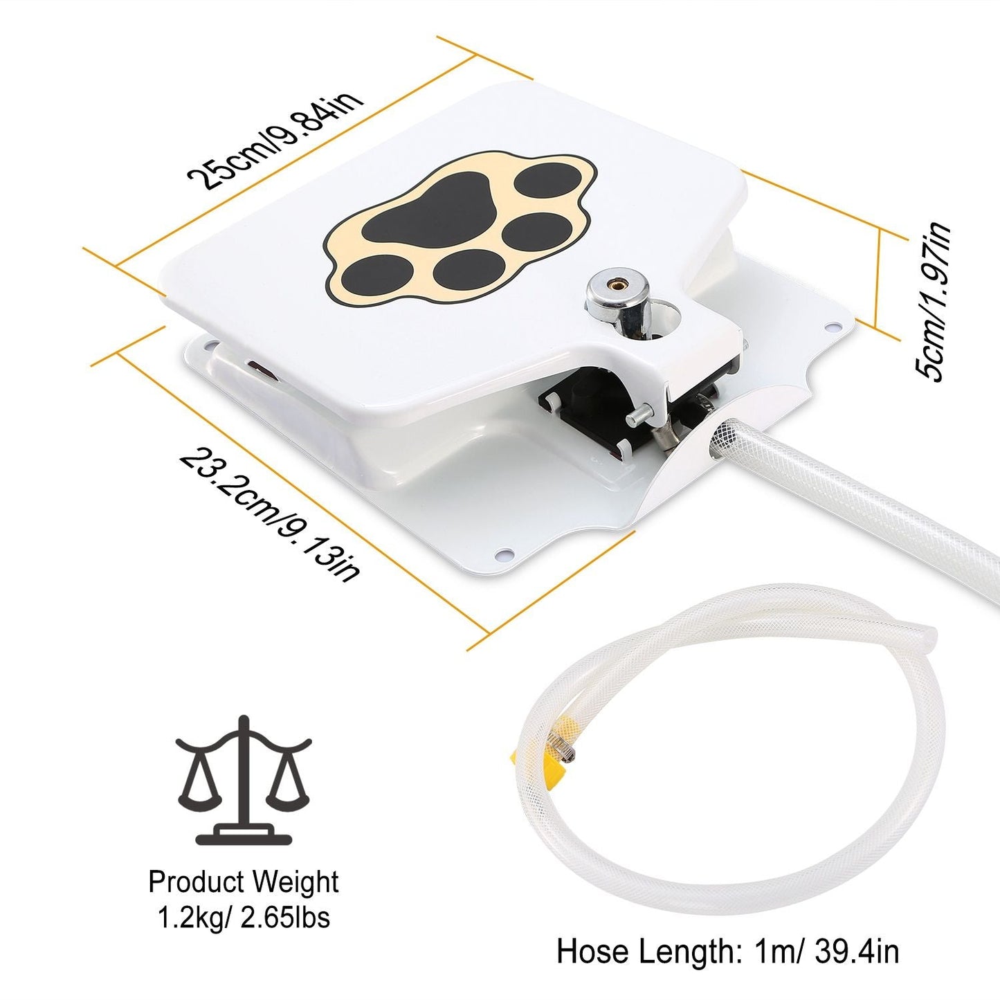 White step-on pet water fountain with paw icon and gray hose, size diagram