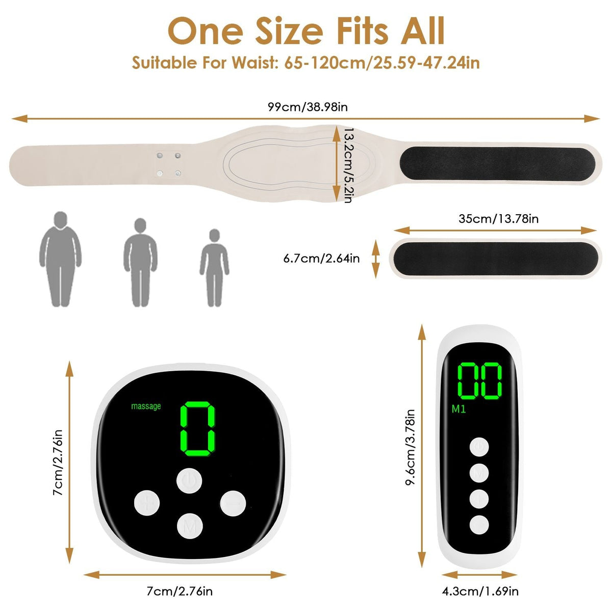 Beige EMS heating pad strap with controller units and size measurement diagram
