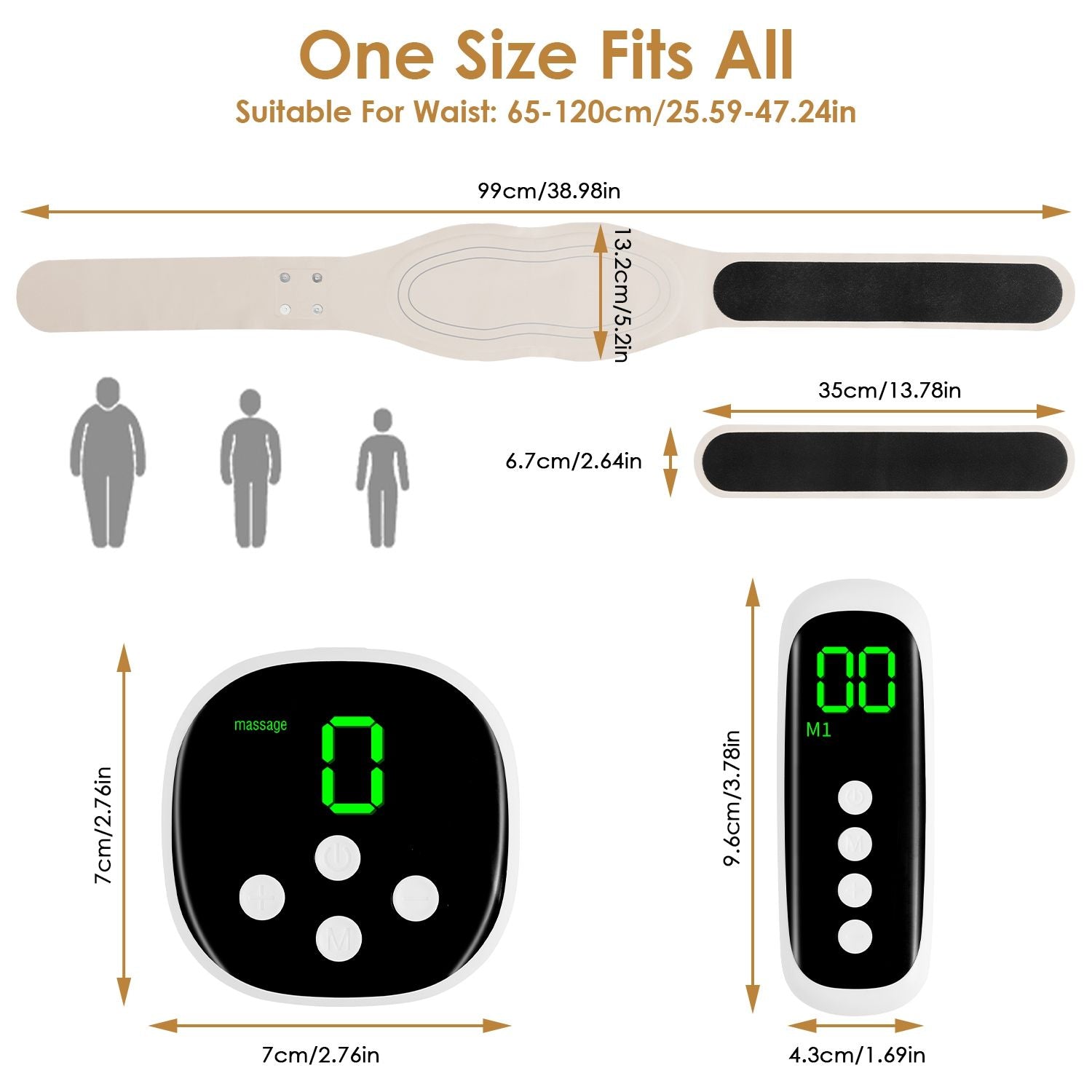 Beige EMS heating pad strap with controller units and size measurement diagram