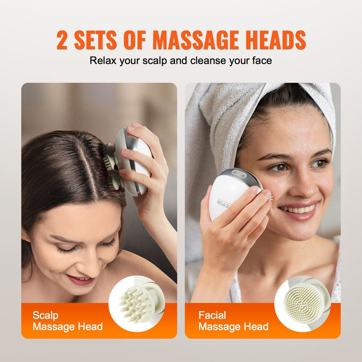 Interchangeable scalp and facial massage heads with silicone nodules and bristles