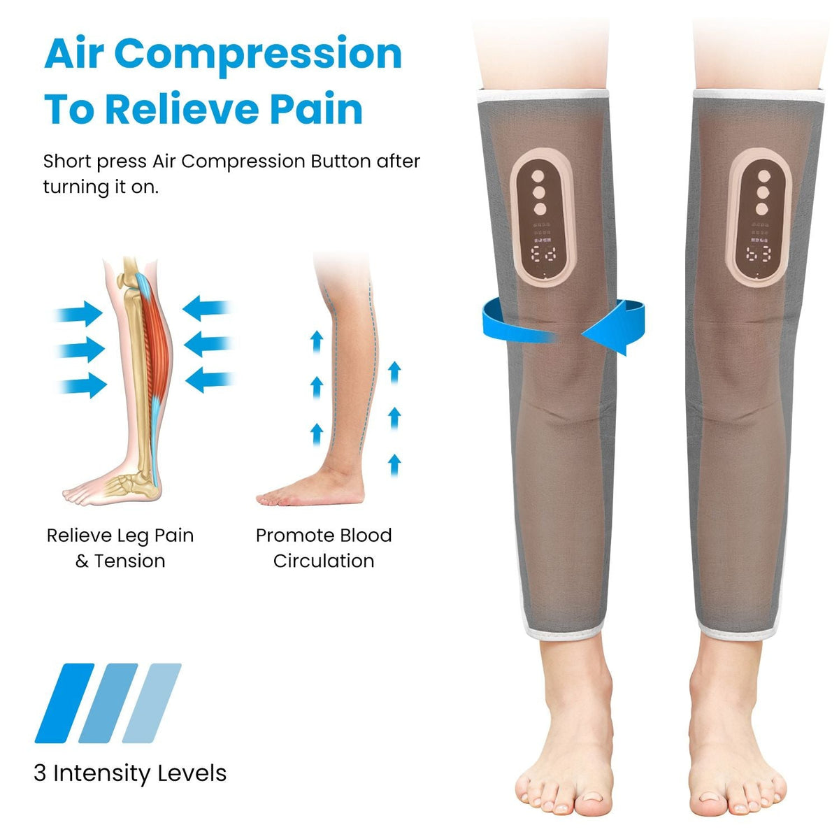 Two grey air compression leg wraps with controller, worn on calves and feet