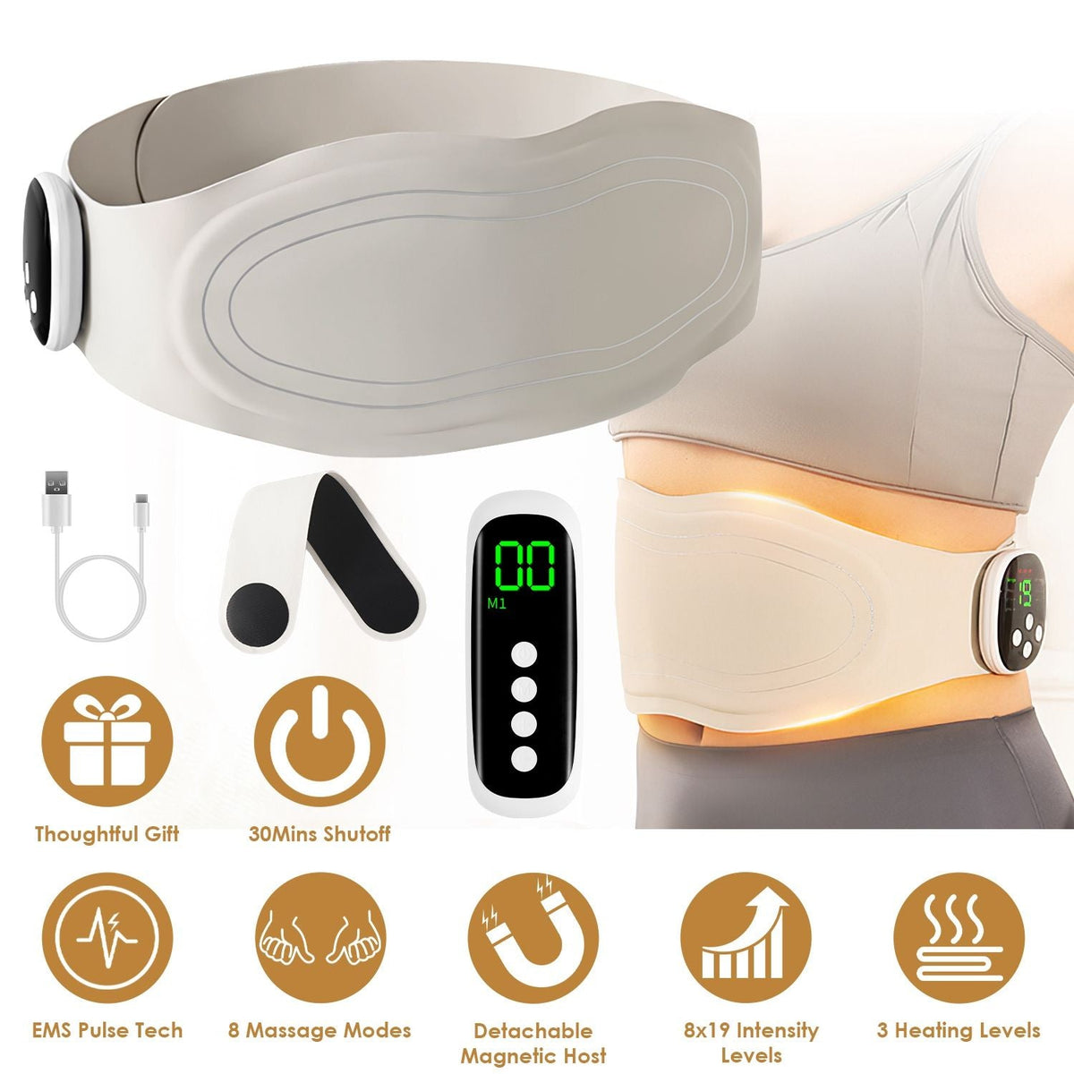 Beige cordless EMS back heating pad with glowing controller and remote displays