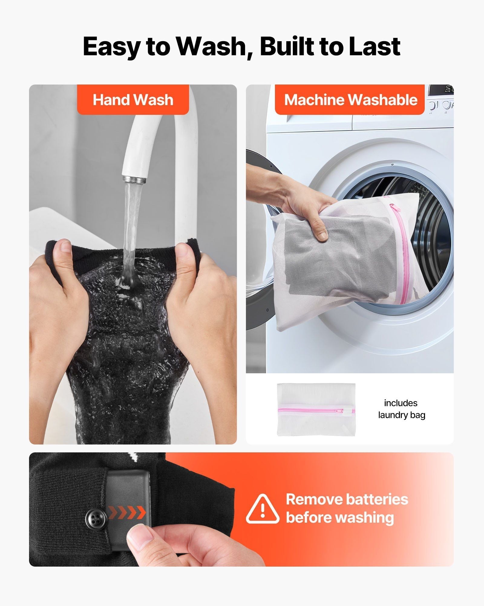 Heated socks with washable care guidance and note to remove batteries before washing