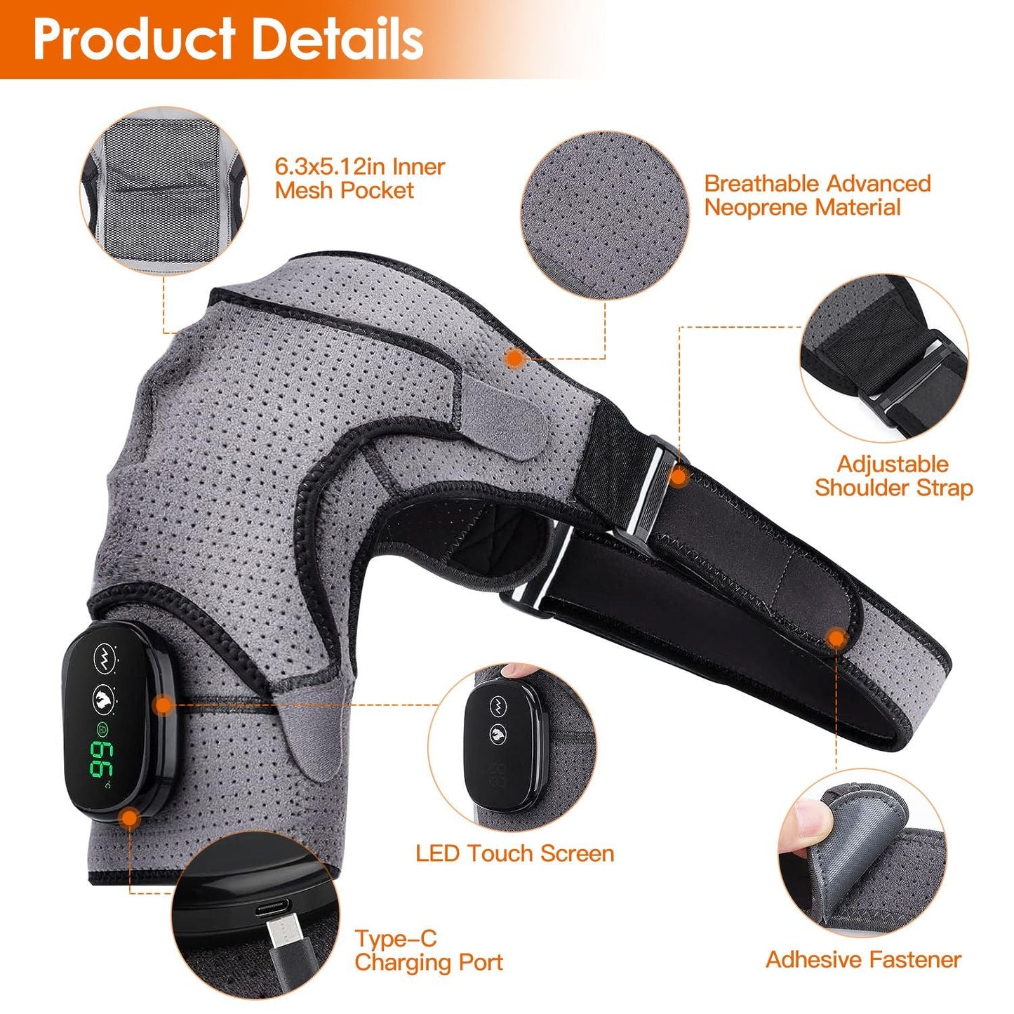 Grey cordless heated shoulder wrap with adjustable strap and LED touch controller